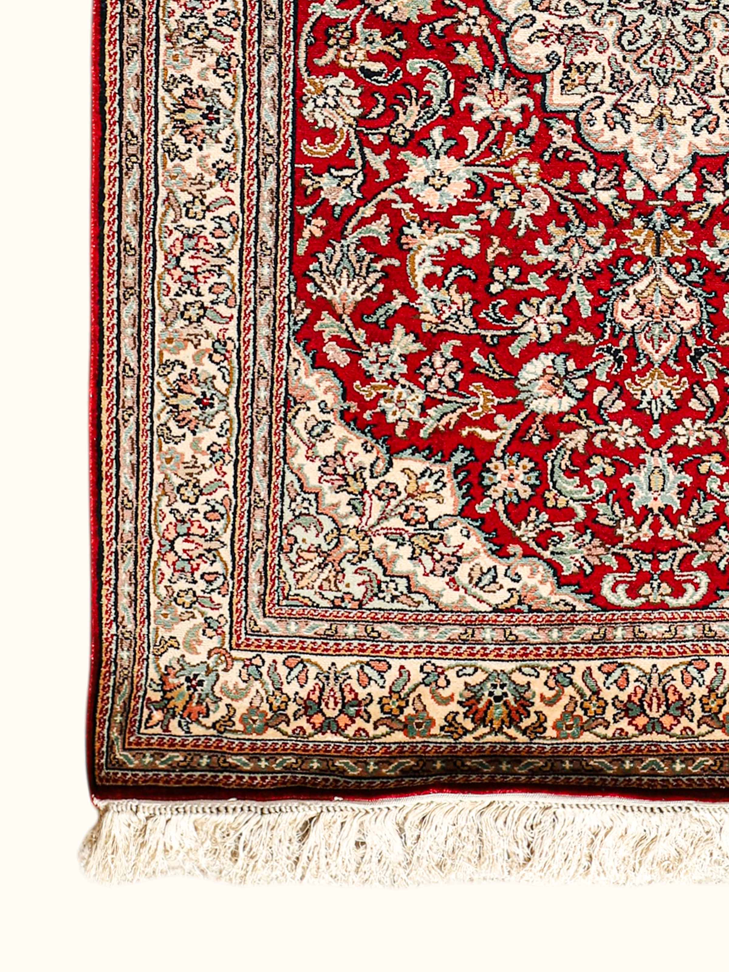 Traditional Persian Red Ivory Kashan Kashmir Silk Hand-Knotted Carpet