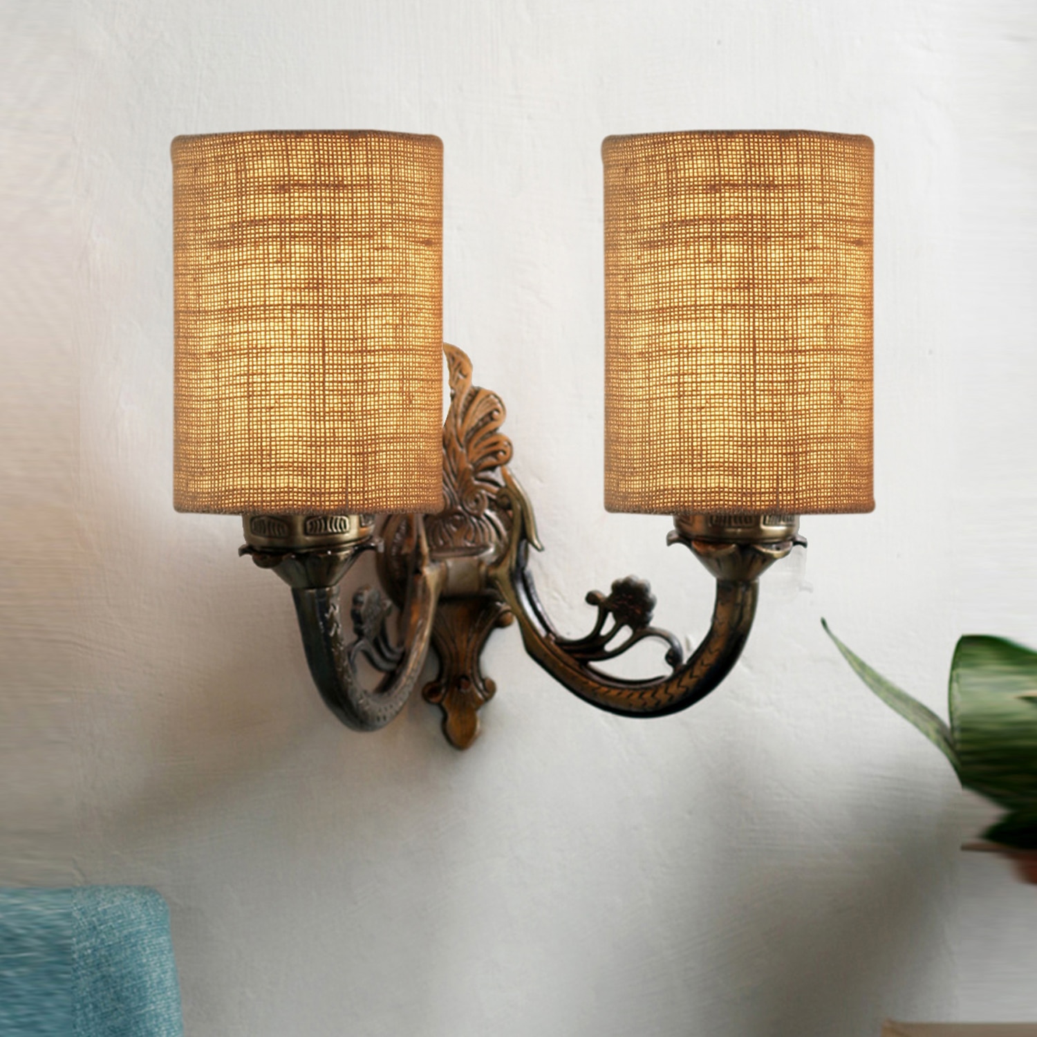 Devansh Metal Electric Wall Light in Antique Gold Colour with Beige Shade Count of 2 Lights - Devansh