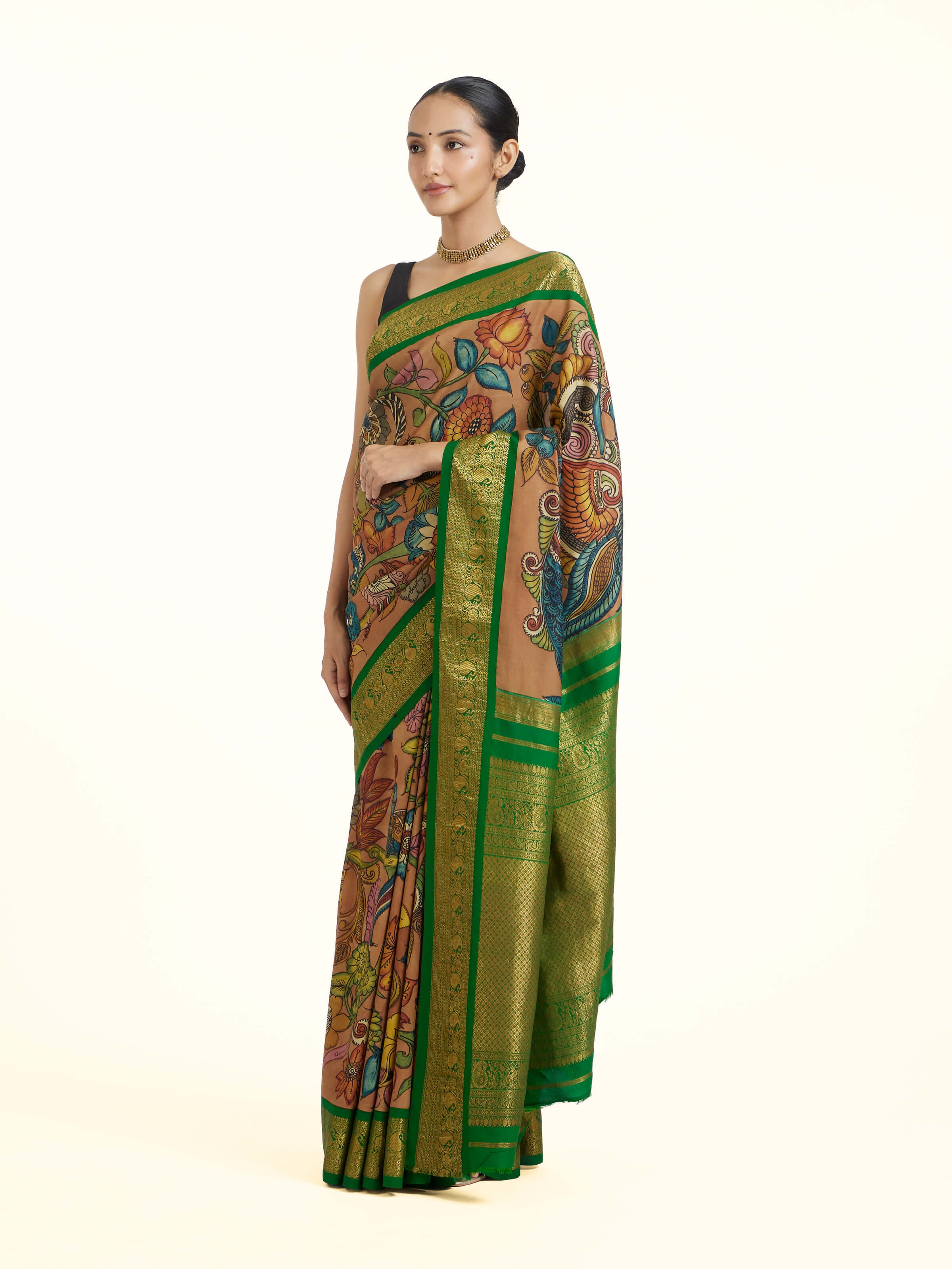 Silk Kalamkari Painted Kanchipuram Saree