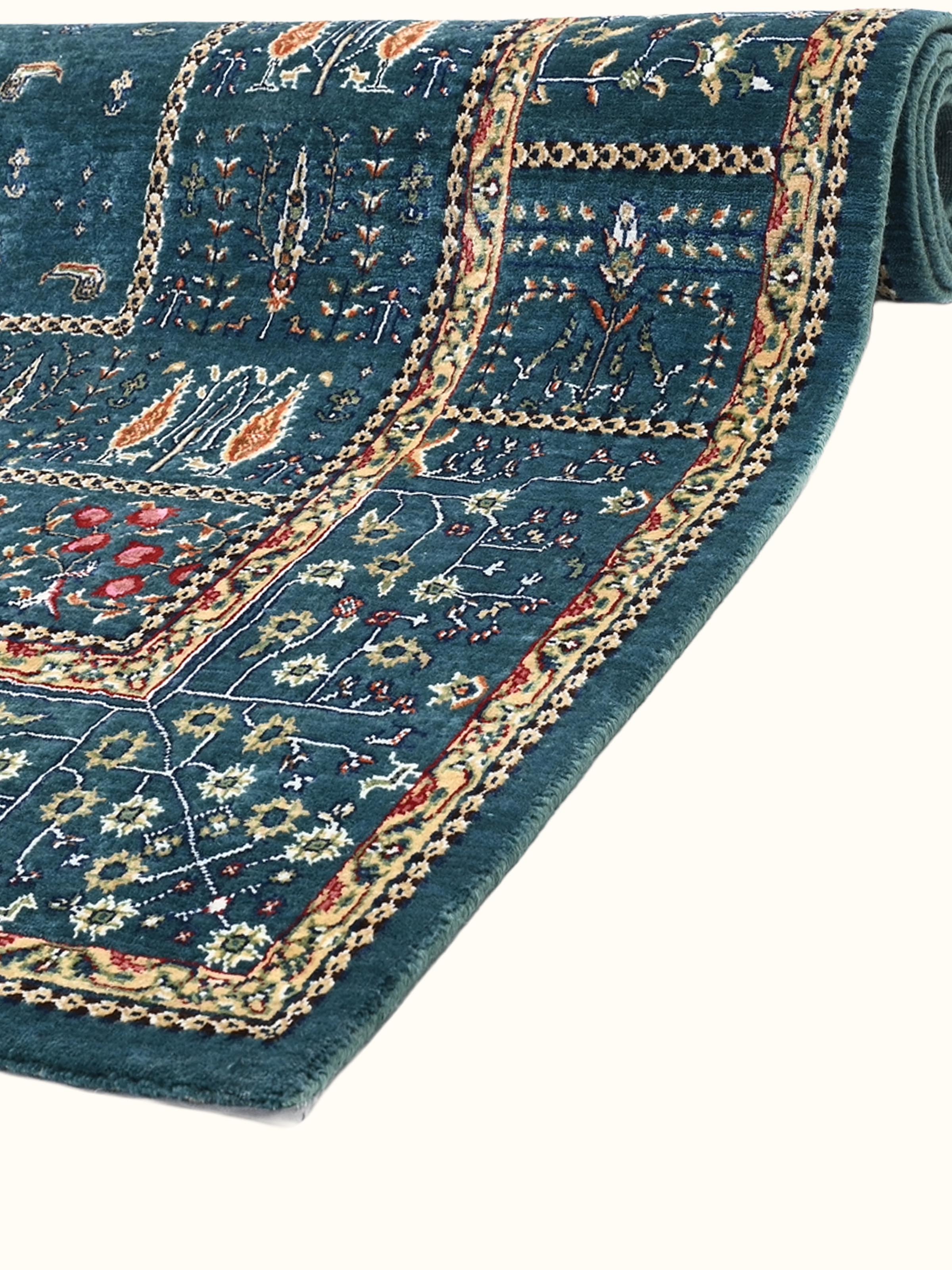 Traditional Persian Blue Rust Tree of Life Bhadohi Wool & Bamboo Silk Hand Knotted Rug