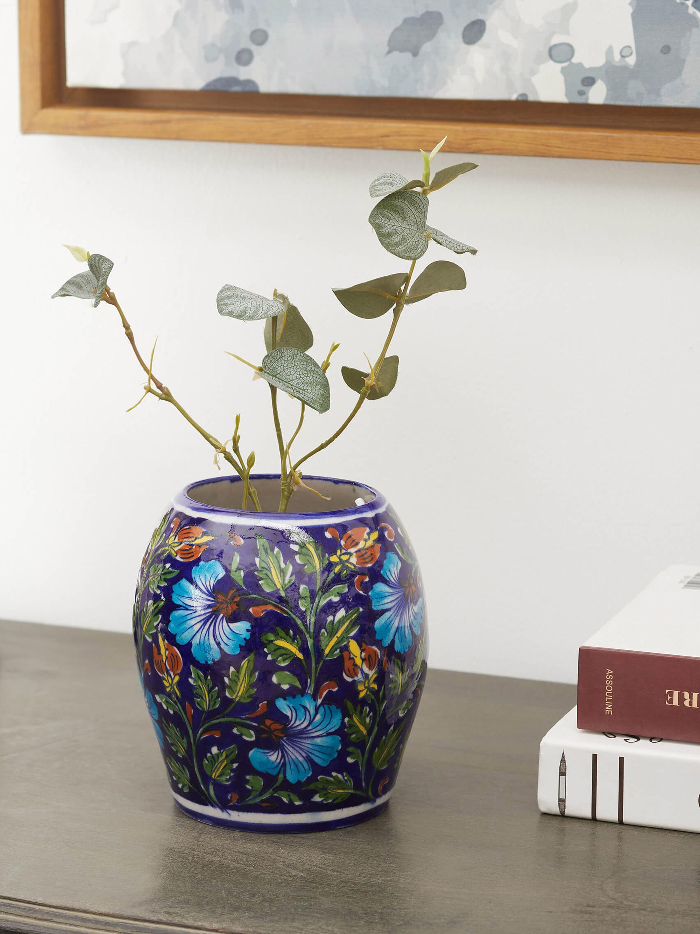Front view of Traditional Blue Pottery Ceramic Table Vase, displaying beautiful hand-painted patterns in blue ceramic.