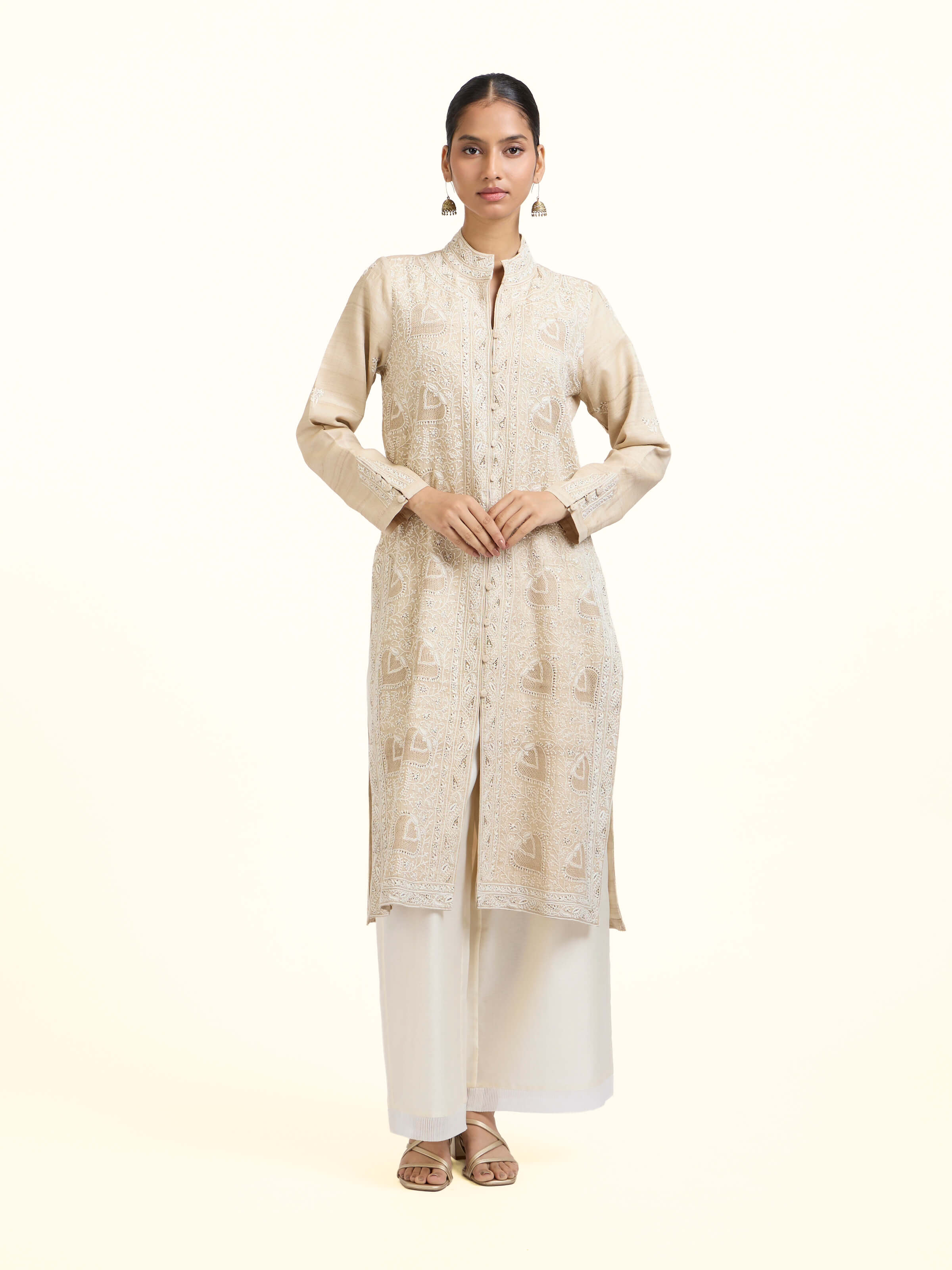 Beige Tussar Silk Chikankari Jacket Style Kurta