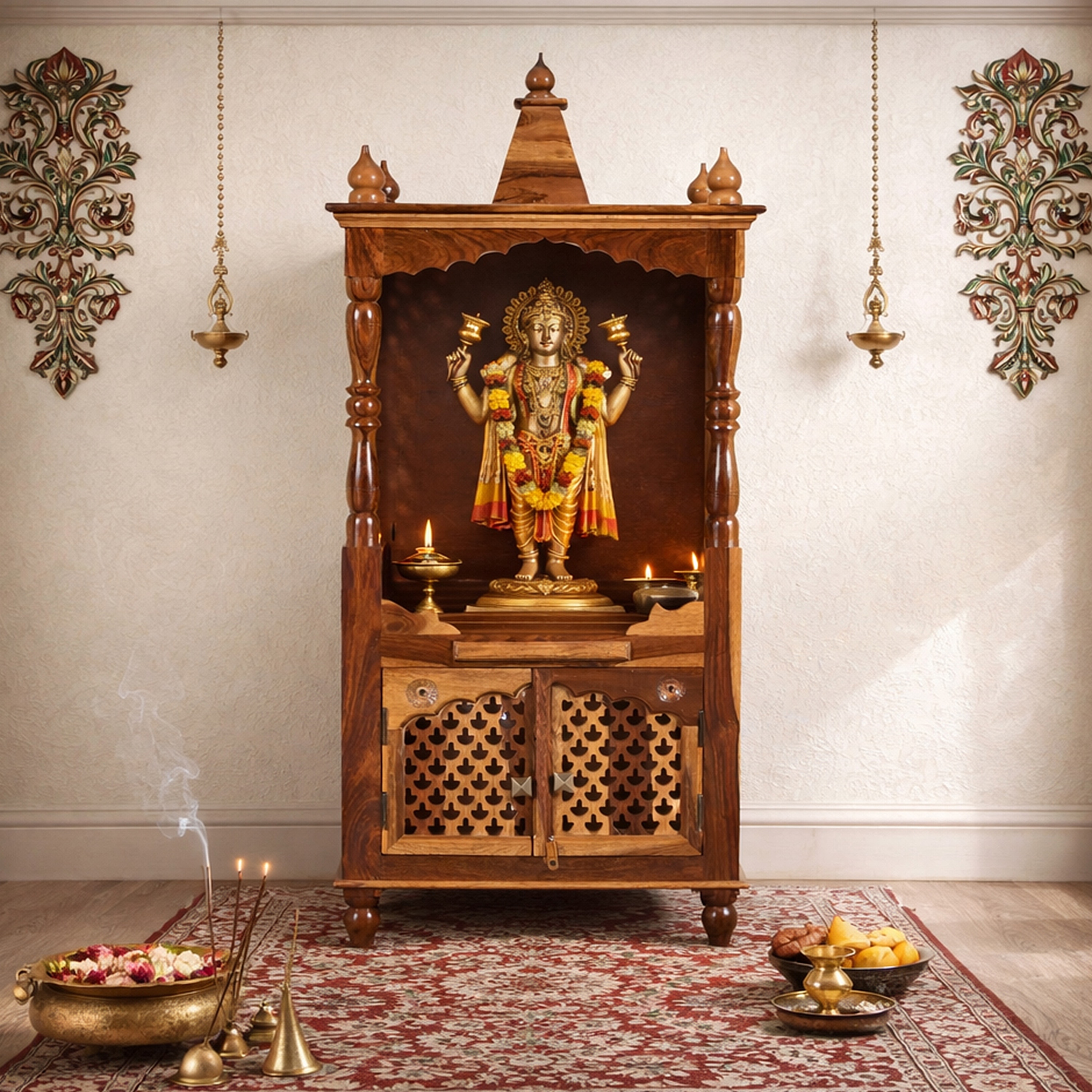 Phiv Sheesham Wood  Prayer Unit in Teak Finish