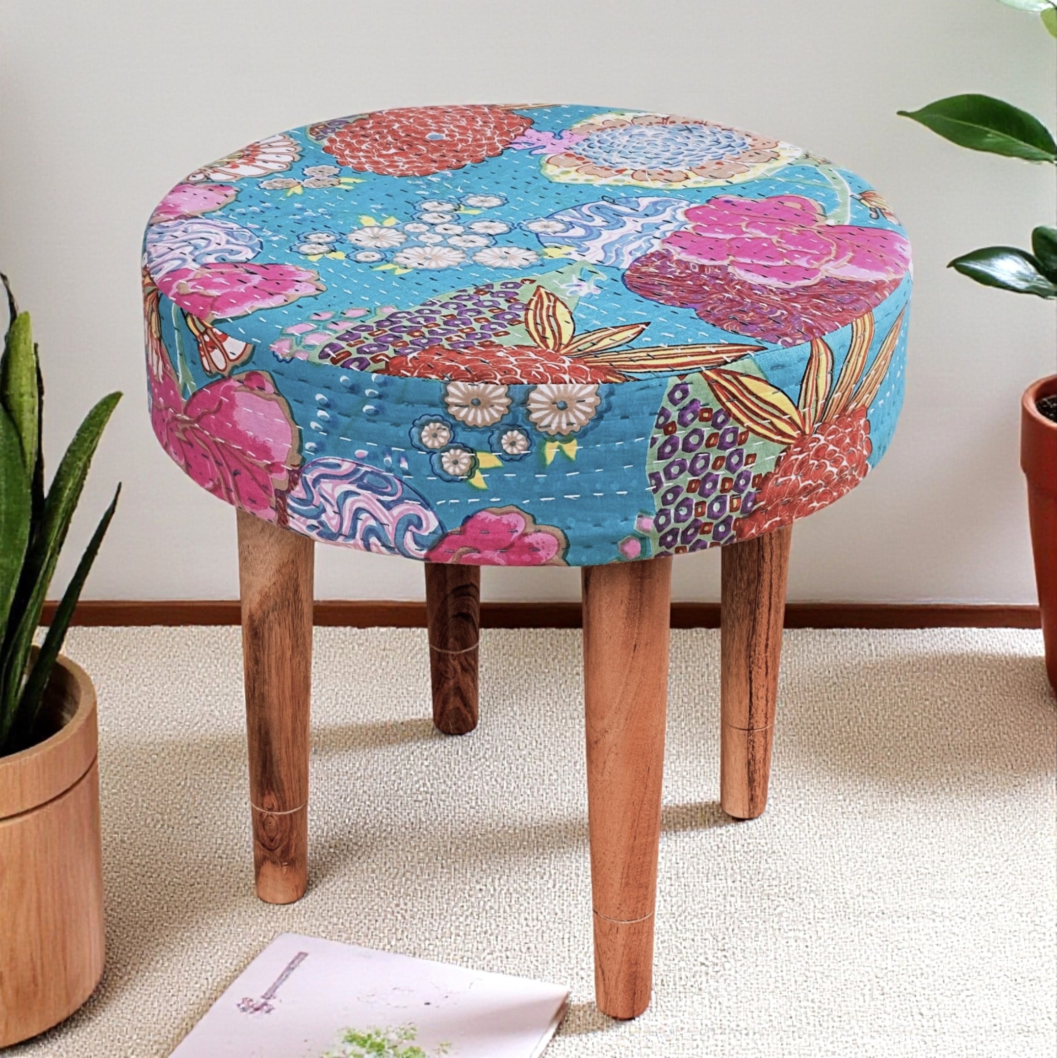 Nayla Solid Wood Stool in Sea Green Fruit Print fabric