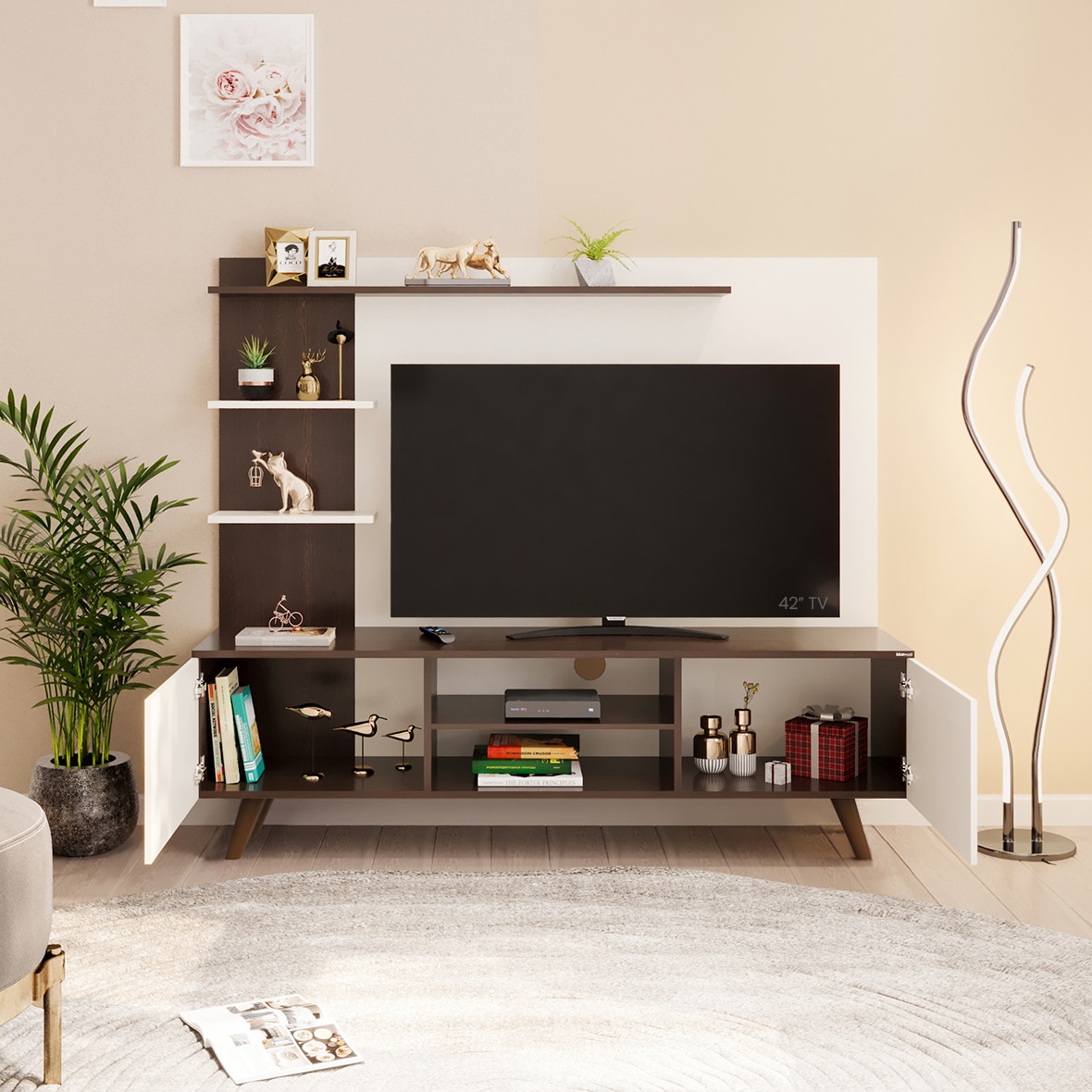 BLUEWUD Rowlet Mini Engineering Wood Floor Standing TV Entertainment Unit Set Top Box Stand/TV Cabinet Panel with Shelves for Books & D�cor Display Unit Bed Living Room Upto 42 Inches (Wenge & White)