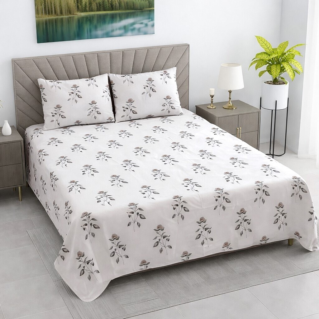 Yash White Floral 400 TC Cotton Flat Double Queen Size Bedsheet with 2 Pillow Covers – Threads