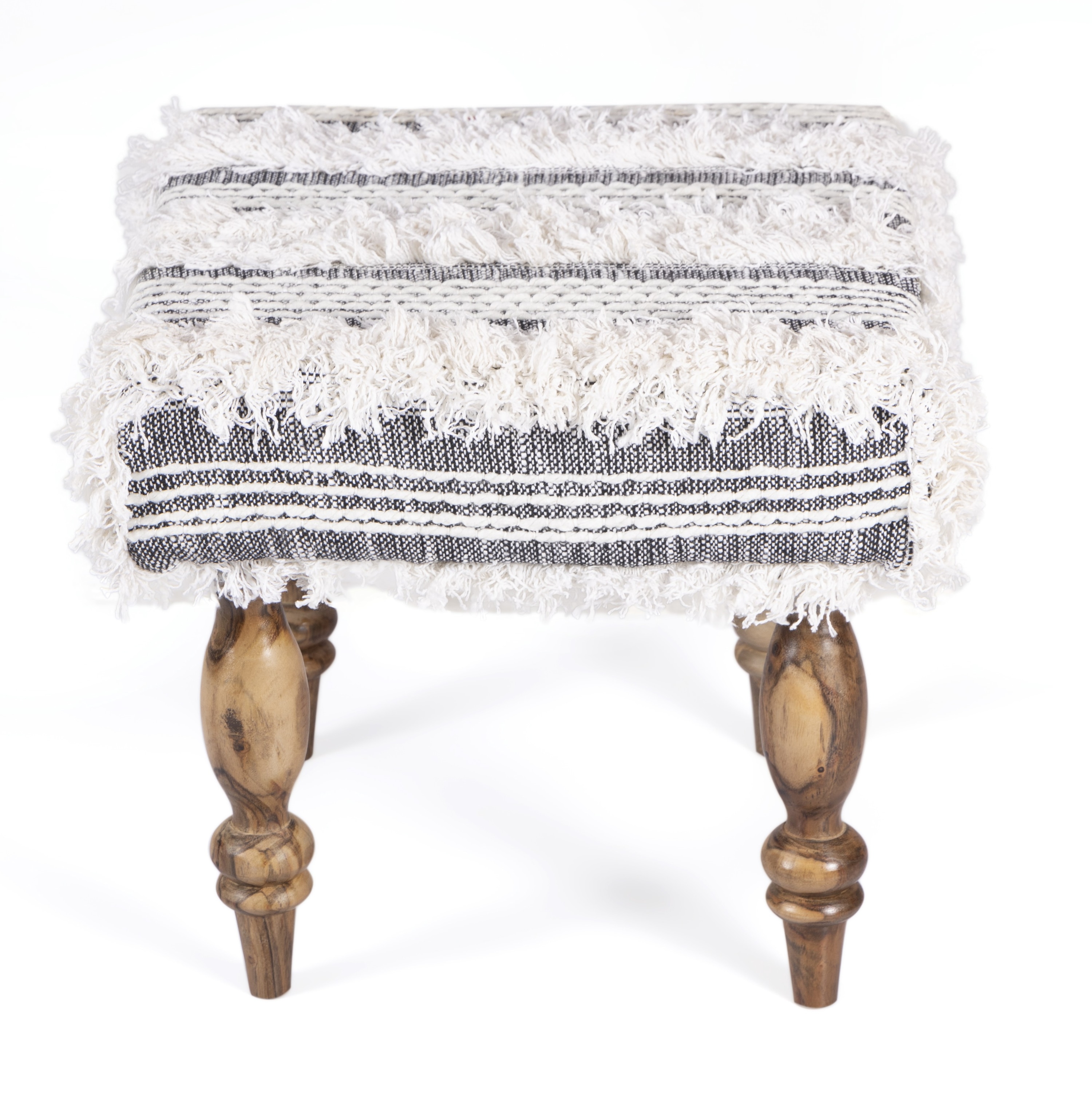 Lisbone Sheesham Wood Mid Century Square Set of 2 Stools in Grey Fabric   Fringes Upholstery