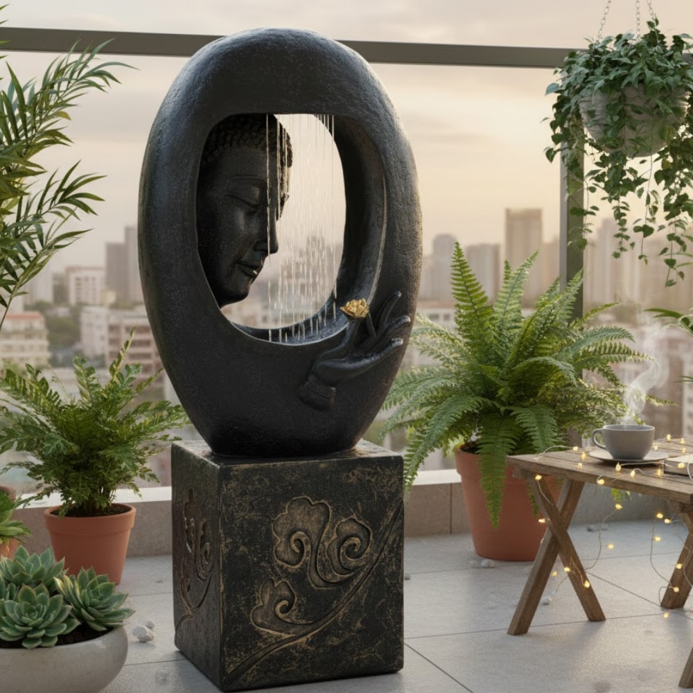 Buddha Face Shower Black Fiber Glass Indoor Fountain With Stand - Expleasia
