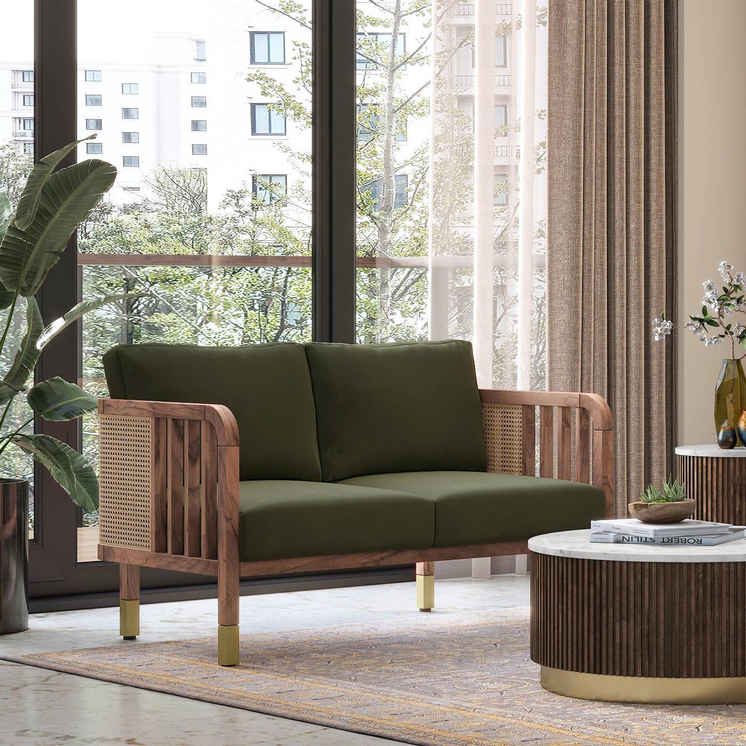 Taran 2 Seater Wooden Sofa in Deep Olive Velvet Colour