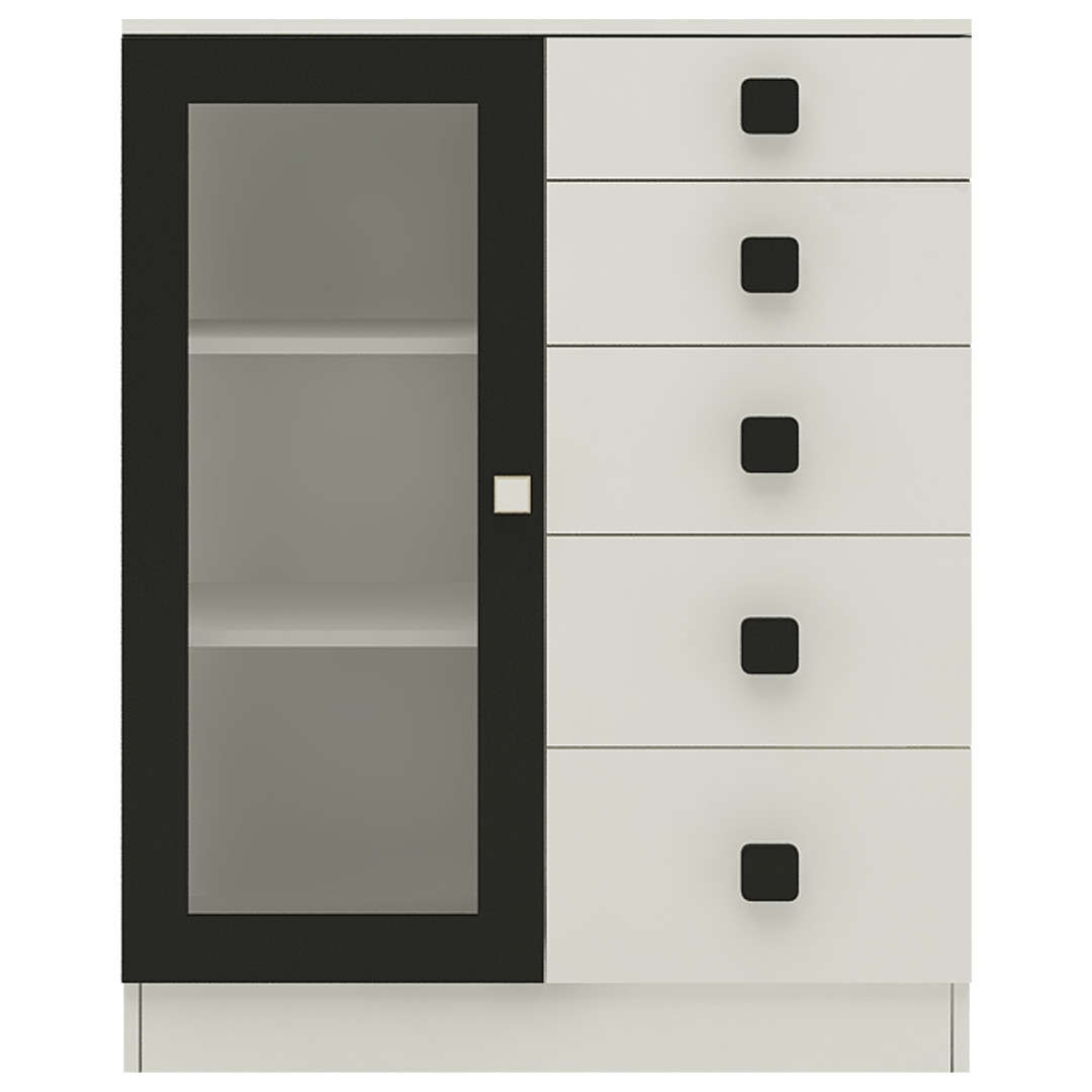Rivera Crockery Unit-cum-Chest of Drawers with 5 Drawers and Toughened Glass Ivory - Carbon Black