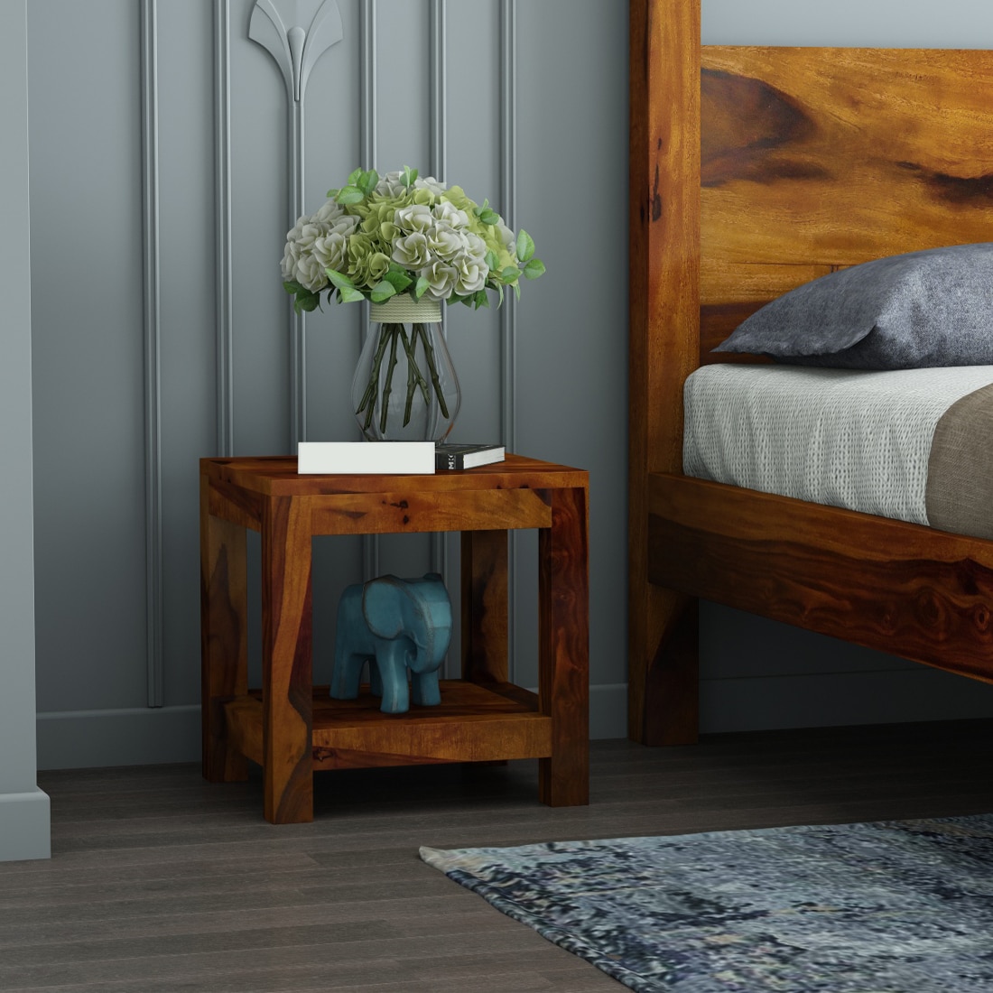 Box Solid Wood Bedside Table in Honey Finish