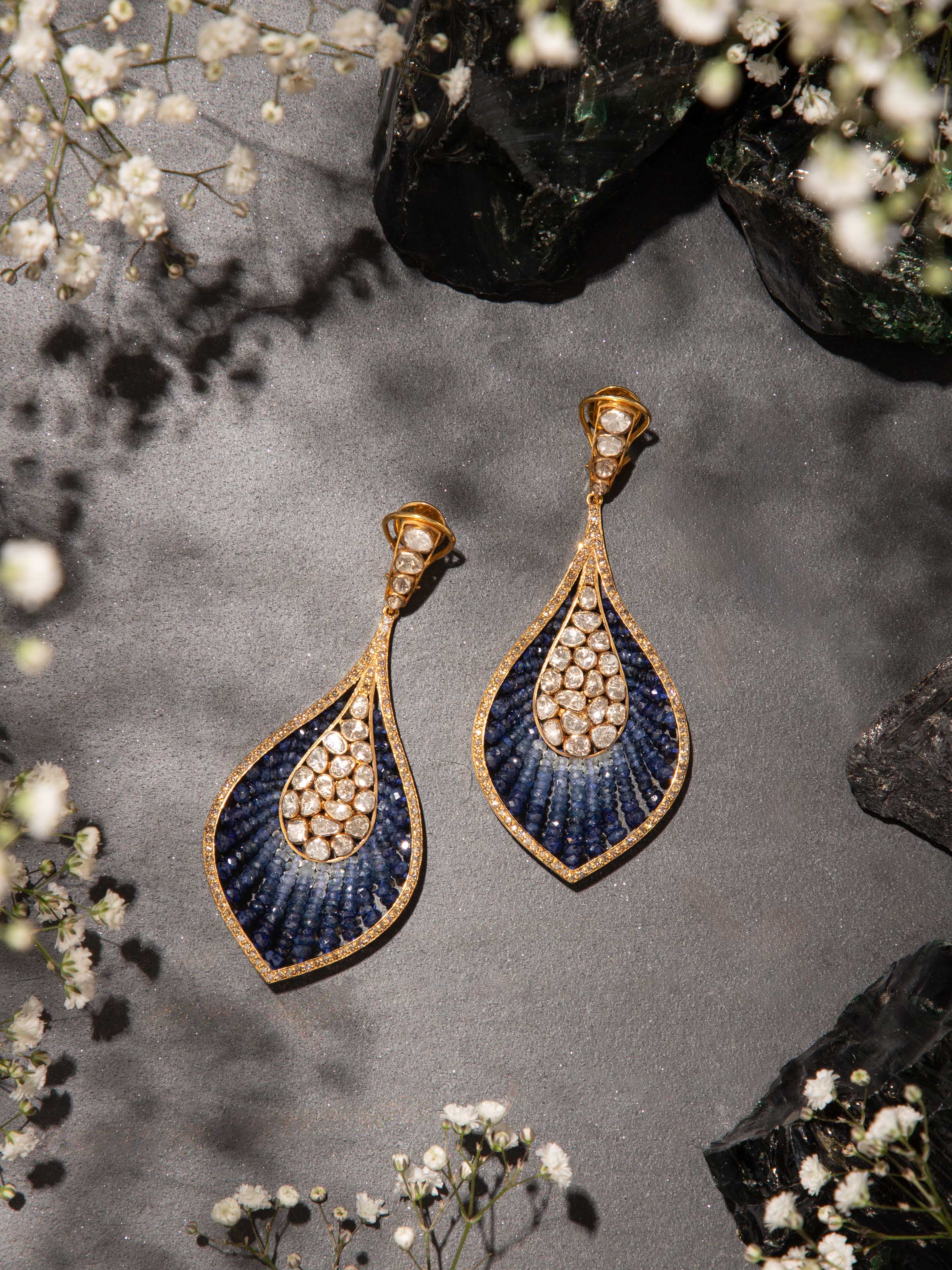 Lifestyle view of Dank Polki 14 Karat Gold Drop Earrings — Swadesh