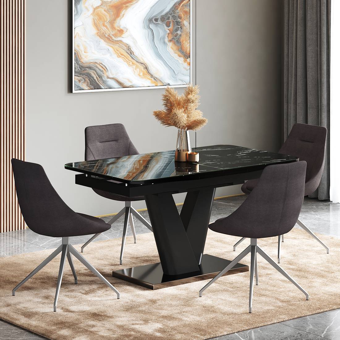 Caribu 4 To 6 Extendable Dining Table With Set Of 4 Doris Swivel Accent Chairs (Finish- Black Marble High Gloss, Colour- Dark Grey)