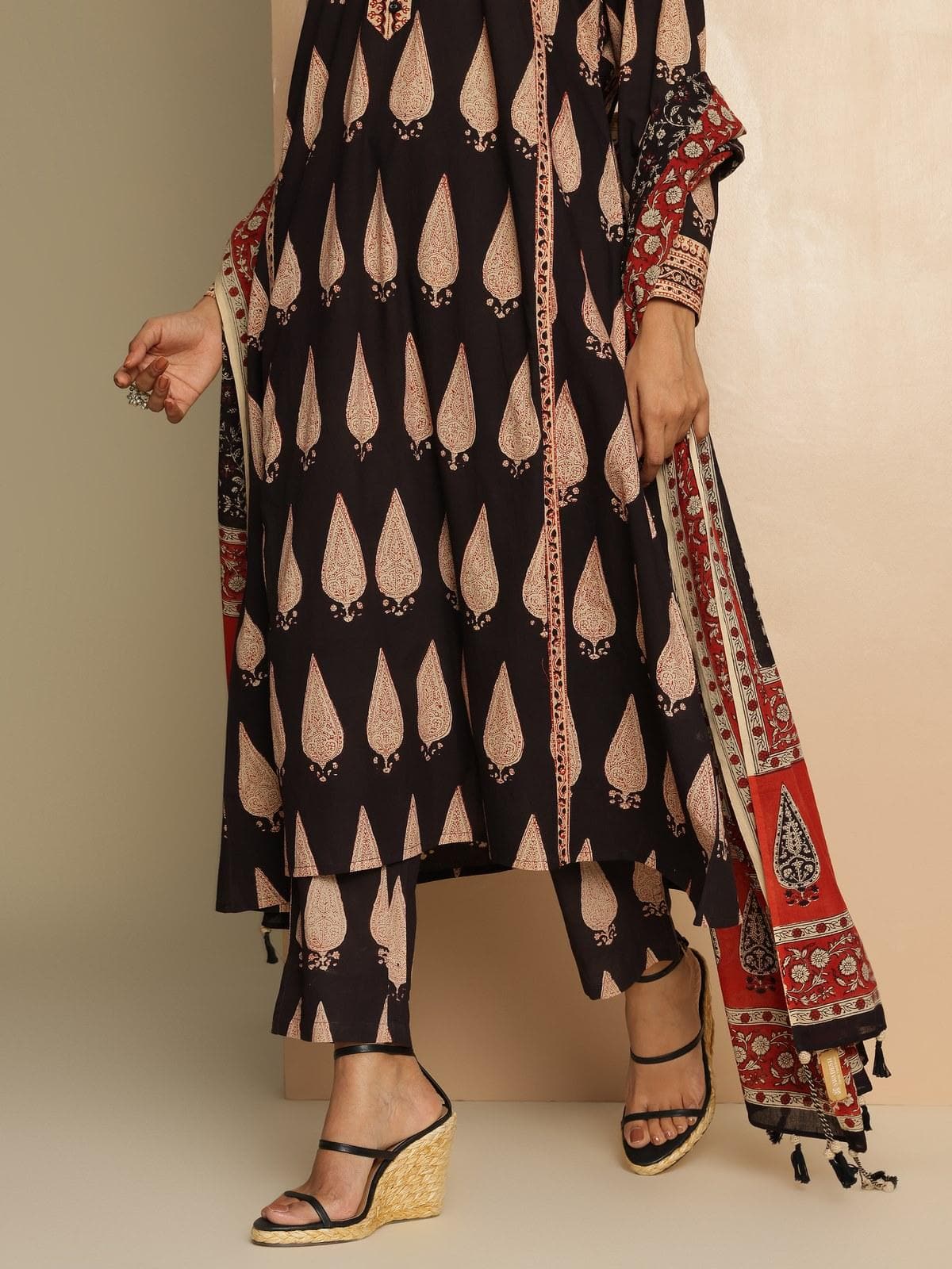 Black Cotton Bagru Block Printed Straight Pants