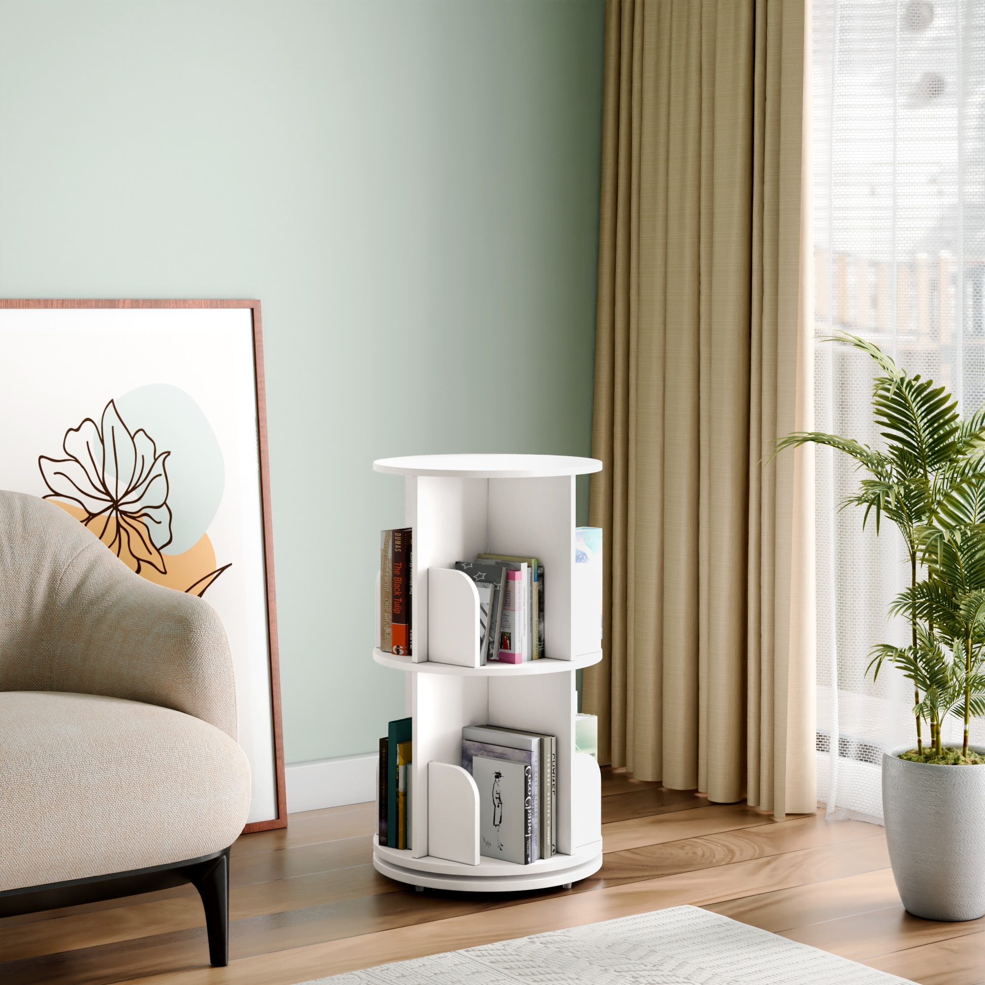 360° Rotating Bookshelf – 2 Tier Wooden Book Storage Rack, White Finish - Alex Daisy