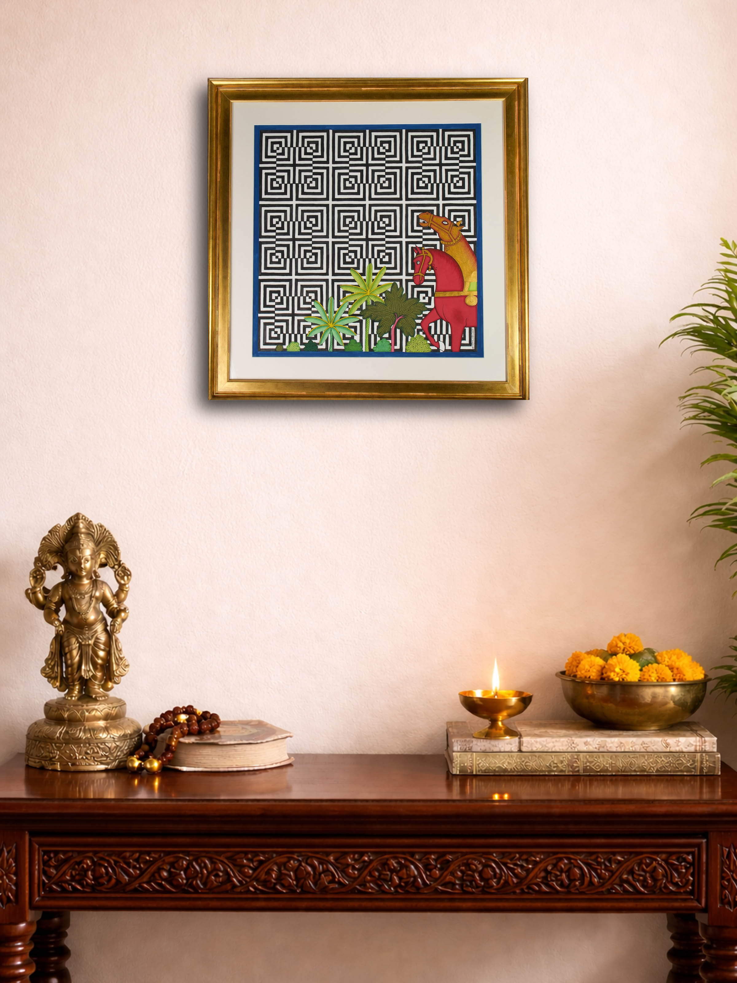 Horses Pair Geometric Illusion Pichwai Painting