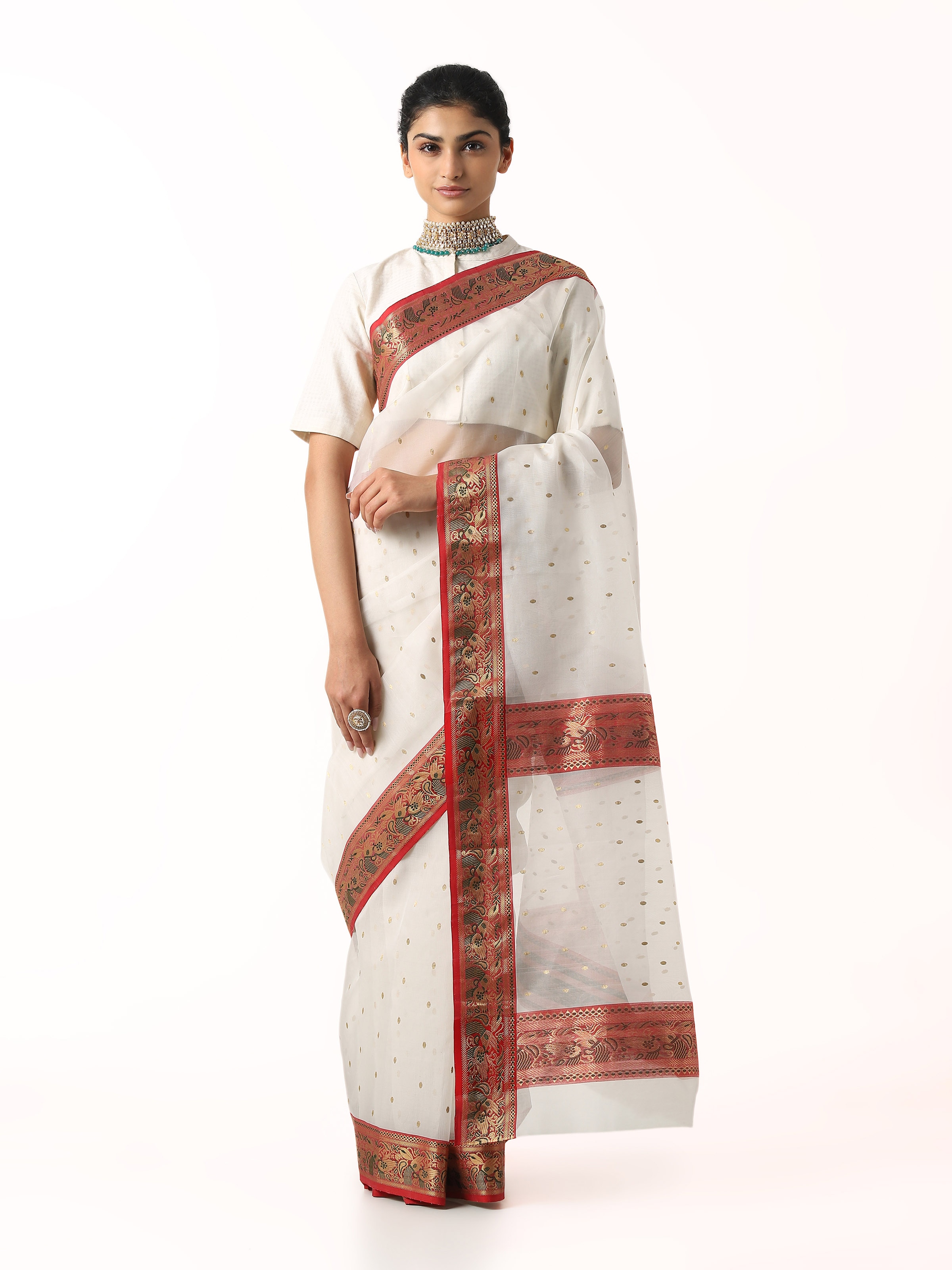 Front view of white cotton silk Chanderi saree showcasing subtle sheen and elegant weave