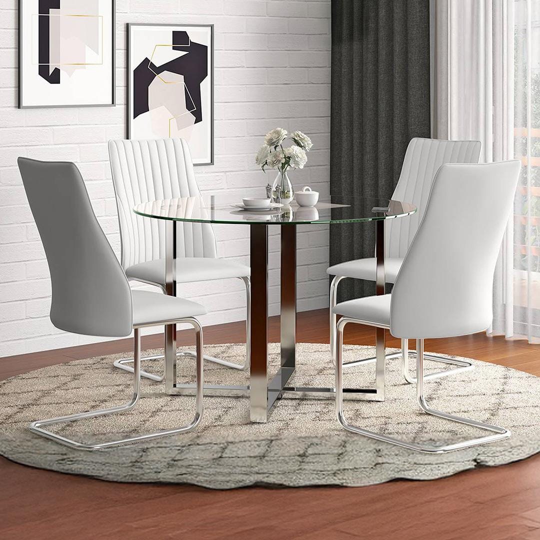 Sanchez 4 Seater Round Table With Set Of 4 Ingrid Dining Chairs (Finish- White)