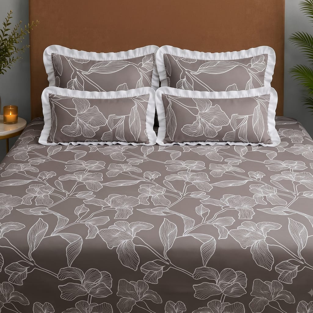 Chocolate Floral 5 Pcs Super King Bedsheet Set With 2 Pillow Covers With 2 Cushions