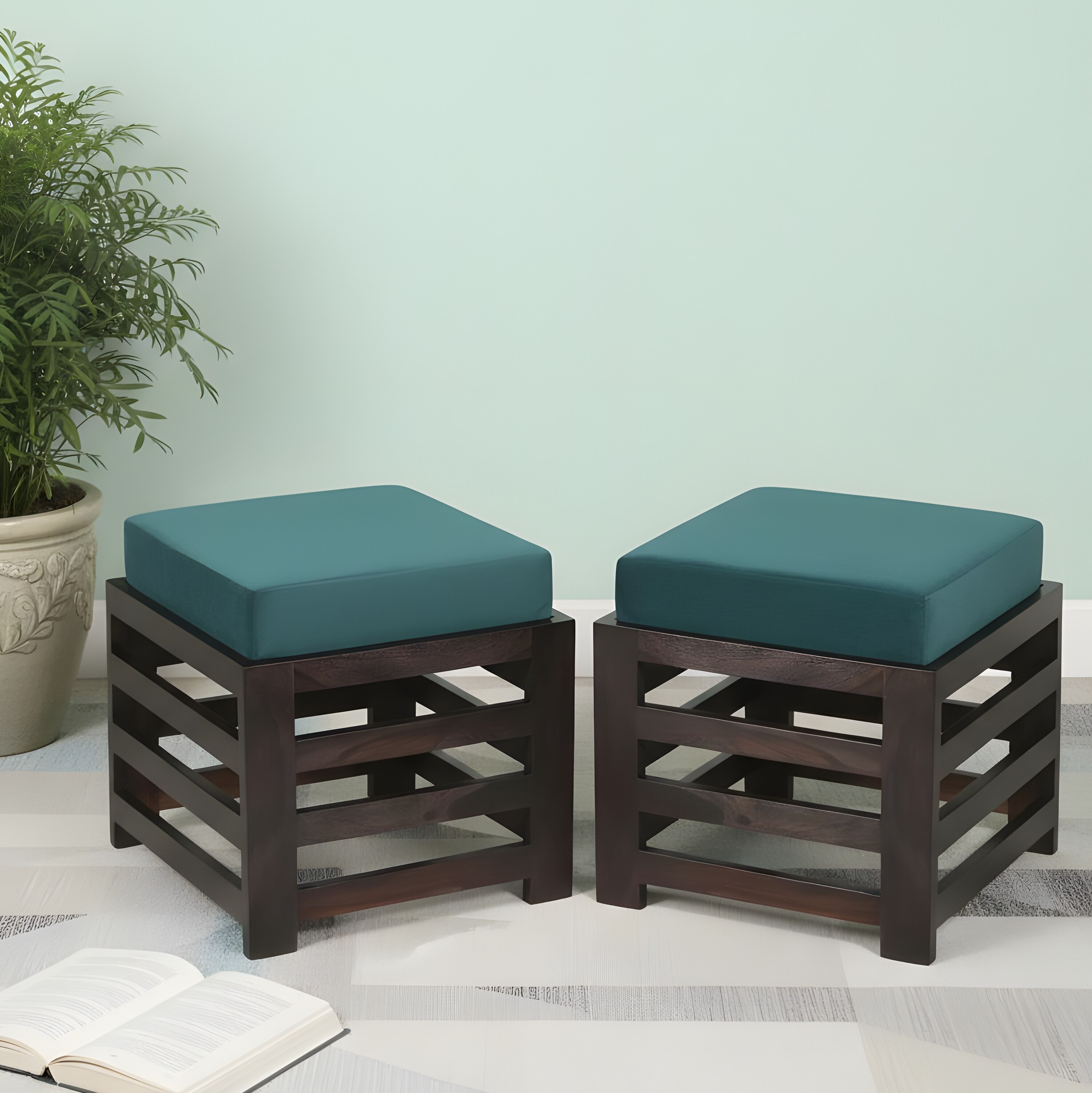 Houston Sheesham Wood Stool in Mahogany Finish & Turquoise Sea Velvet Cushion