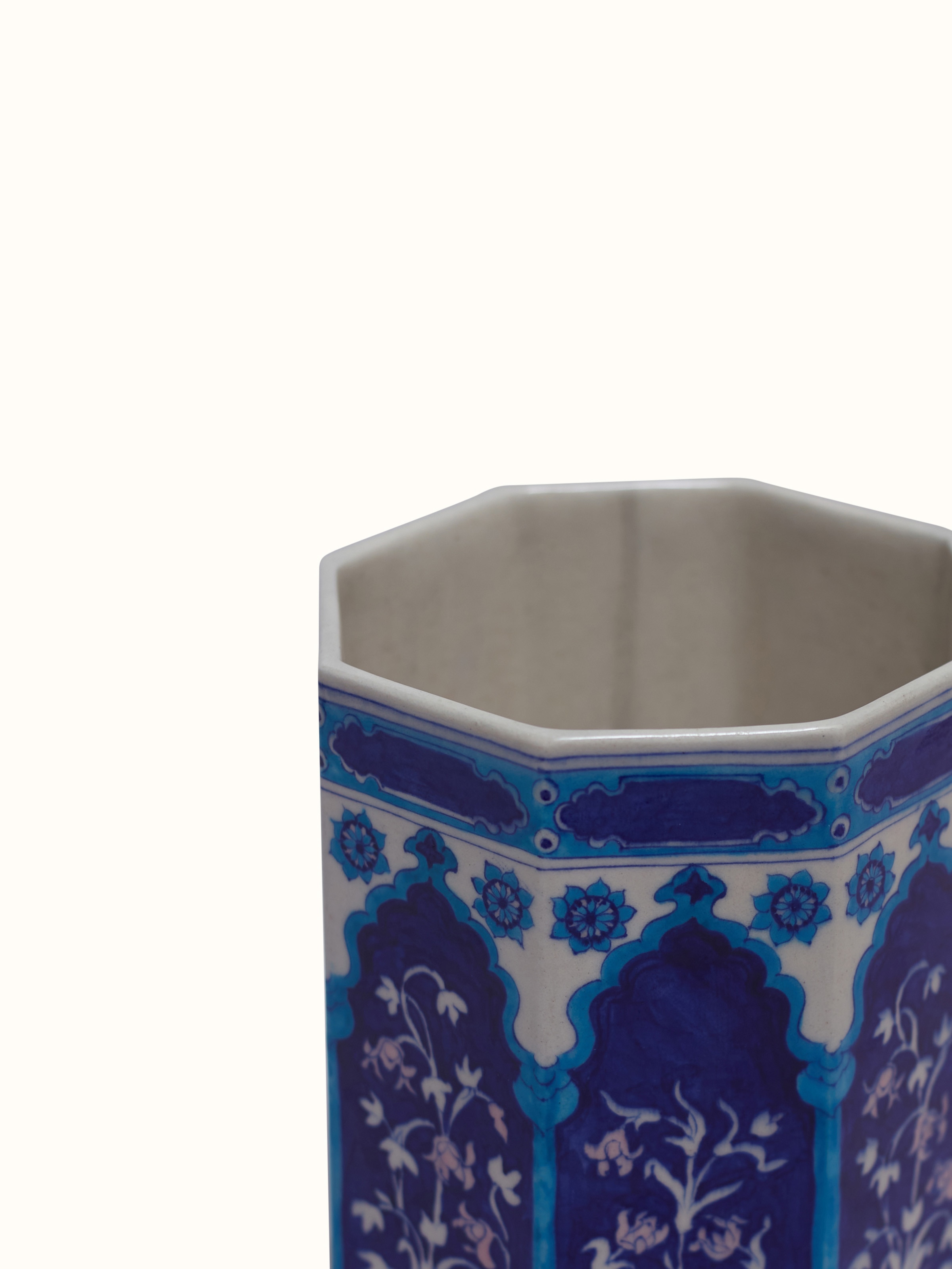 Detail shot of blue pottery baari ceramic planter highlighting craftsmanship