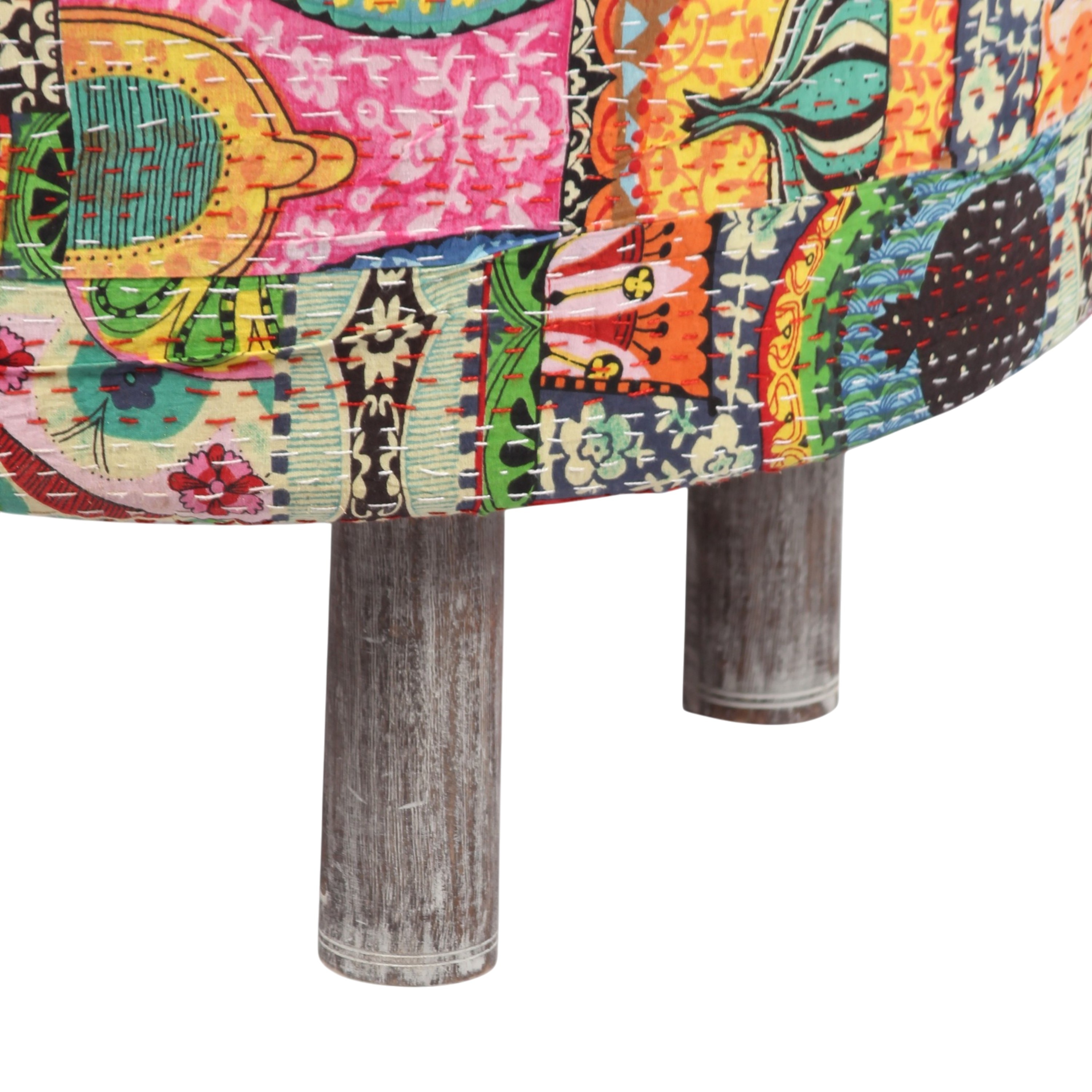Rosslyn Solid Wood Ottoman Pouffee in Multi Colour Israel Print Kantha fabric