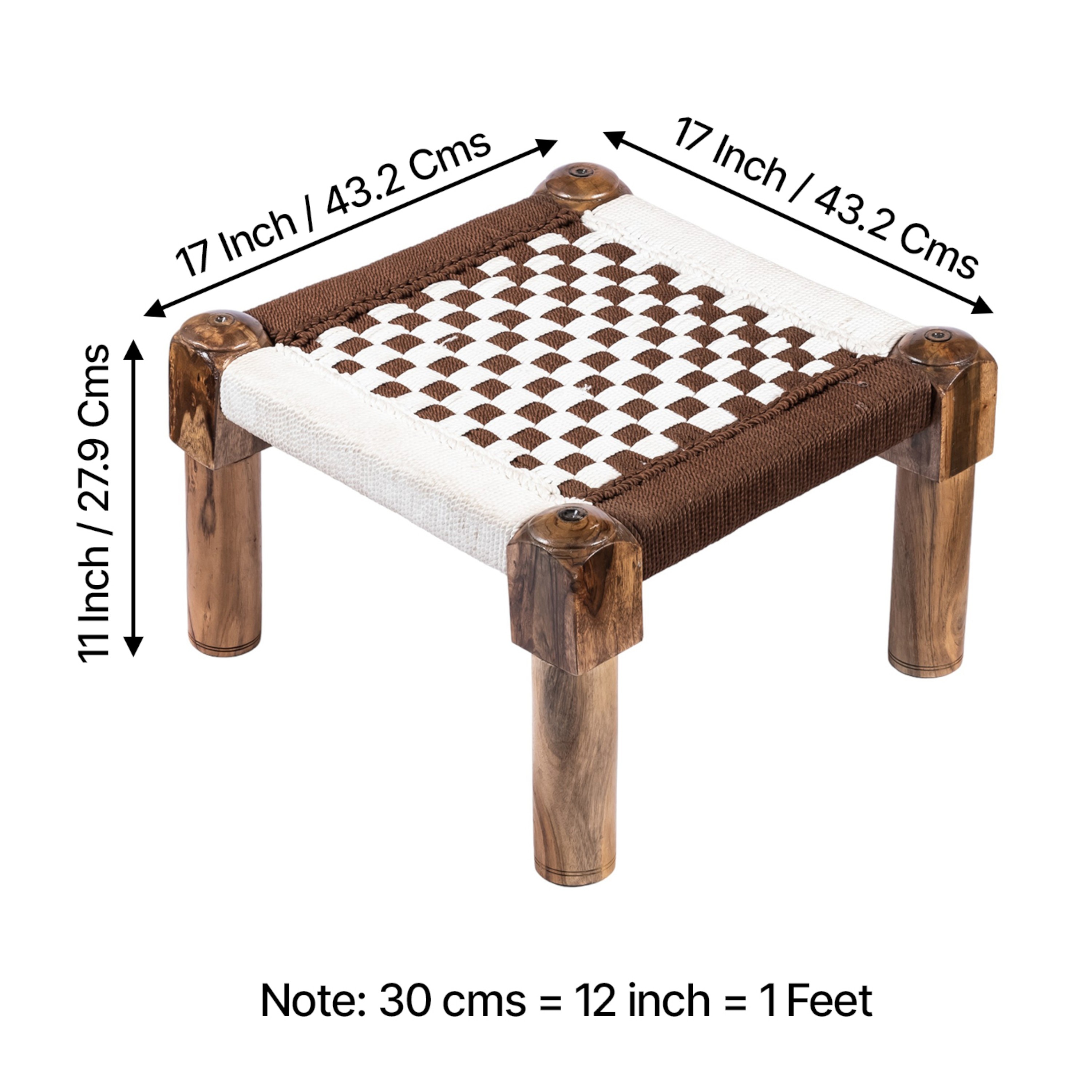 Riaza Solid Wood Maachi Foot Stool in Brown & White Check Canning