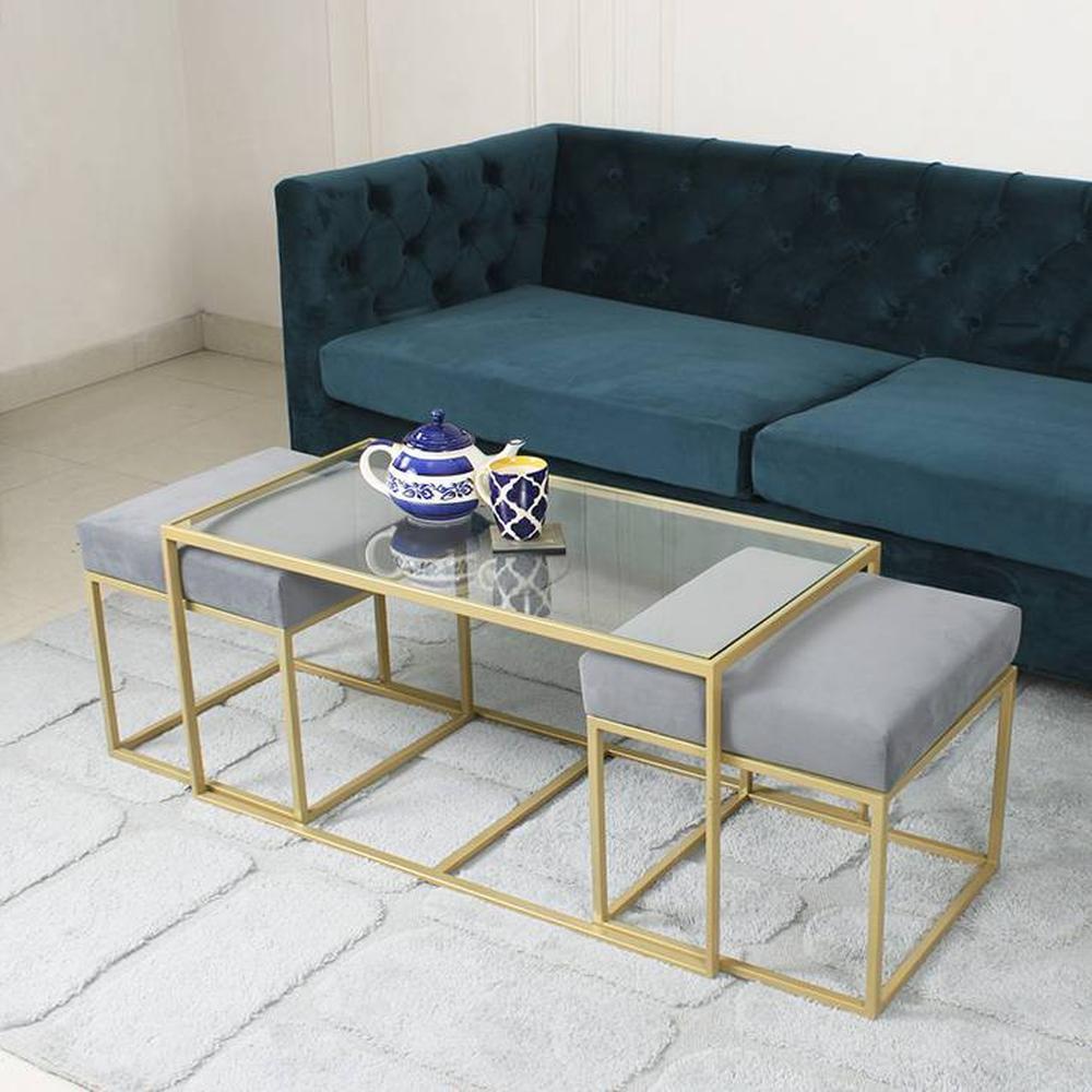 Benton Nesting Clear Glass Coffee Table Set With 2 Stools In Gold Finish