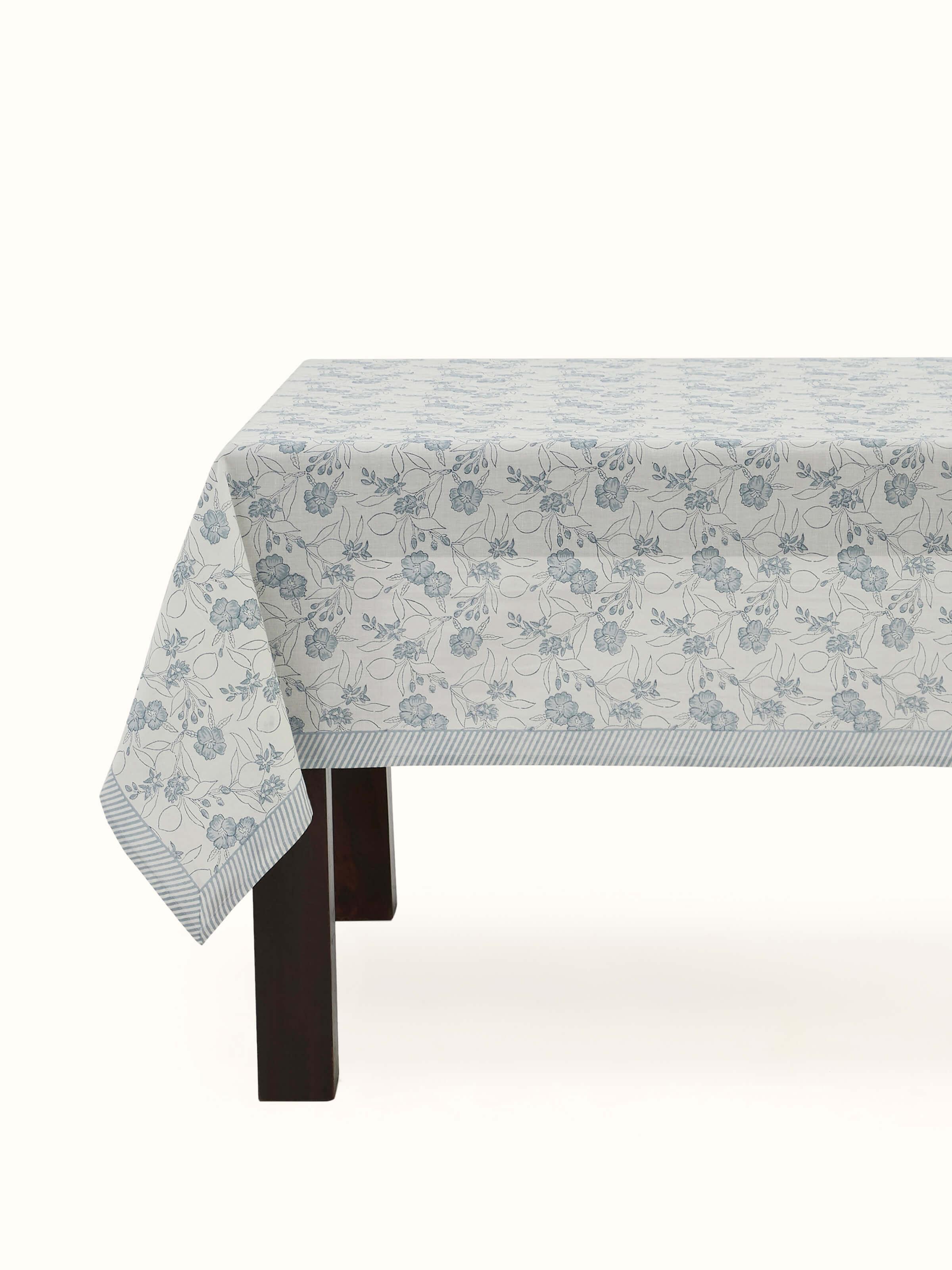 Angled view showing the delicate light blue floral linen fabric with Sanganeri hand block print