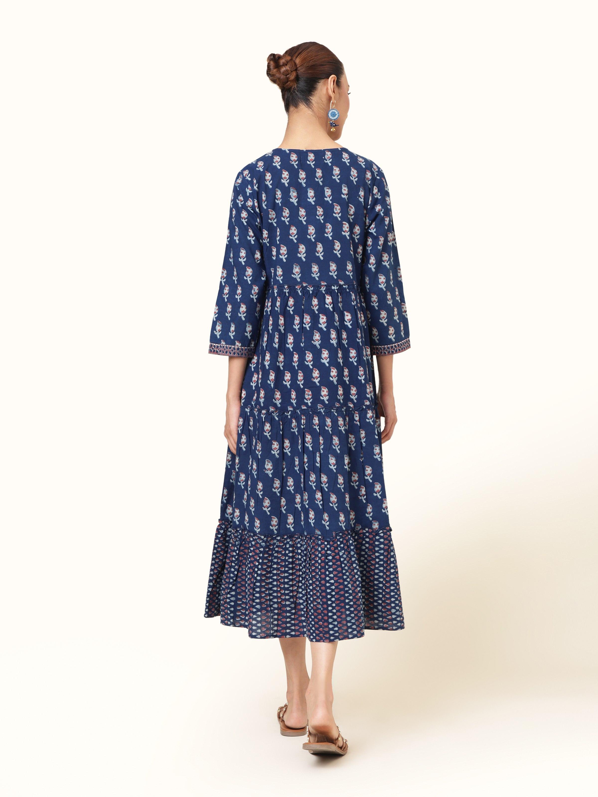 Back view of blue cotton Dabu block printed A-line midi dress with simple seam detailing