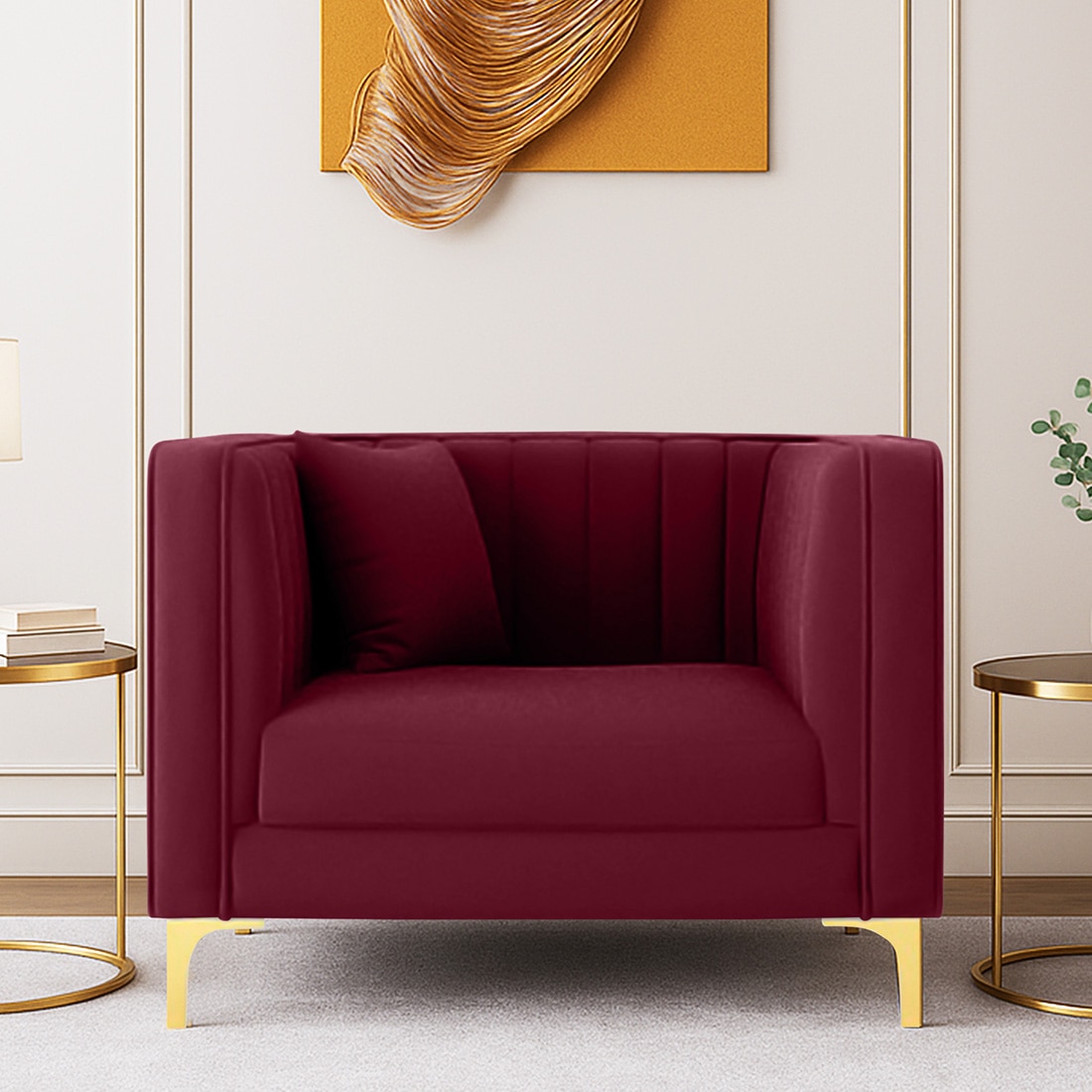 Texude Velvet 1 Seater Sofa in Maroon Colour