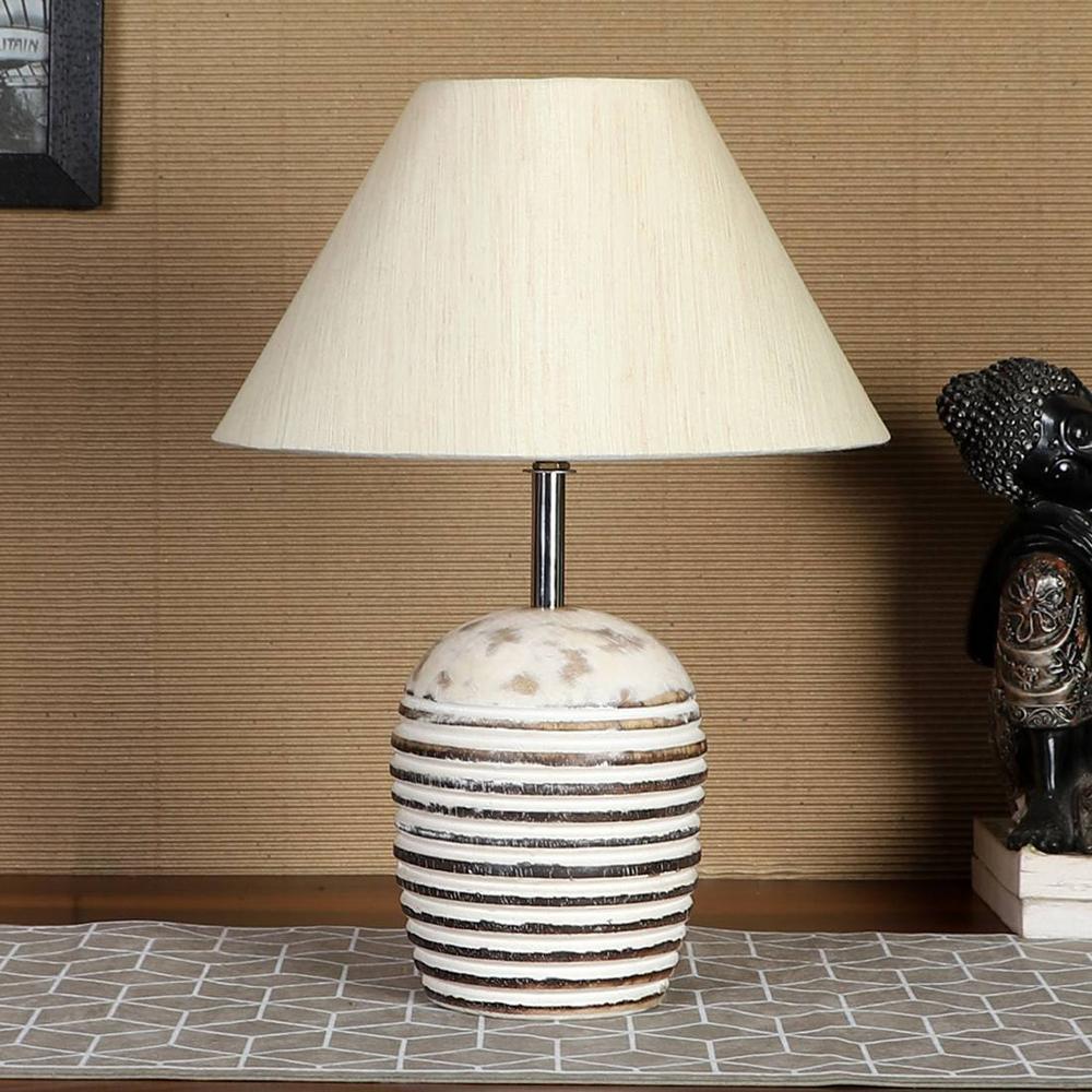 off-white cotton with White Brushed Wood Table Lamp - Devansh
