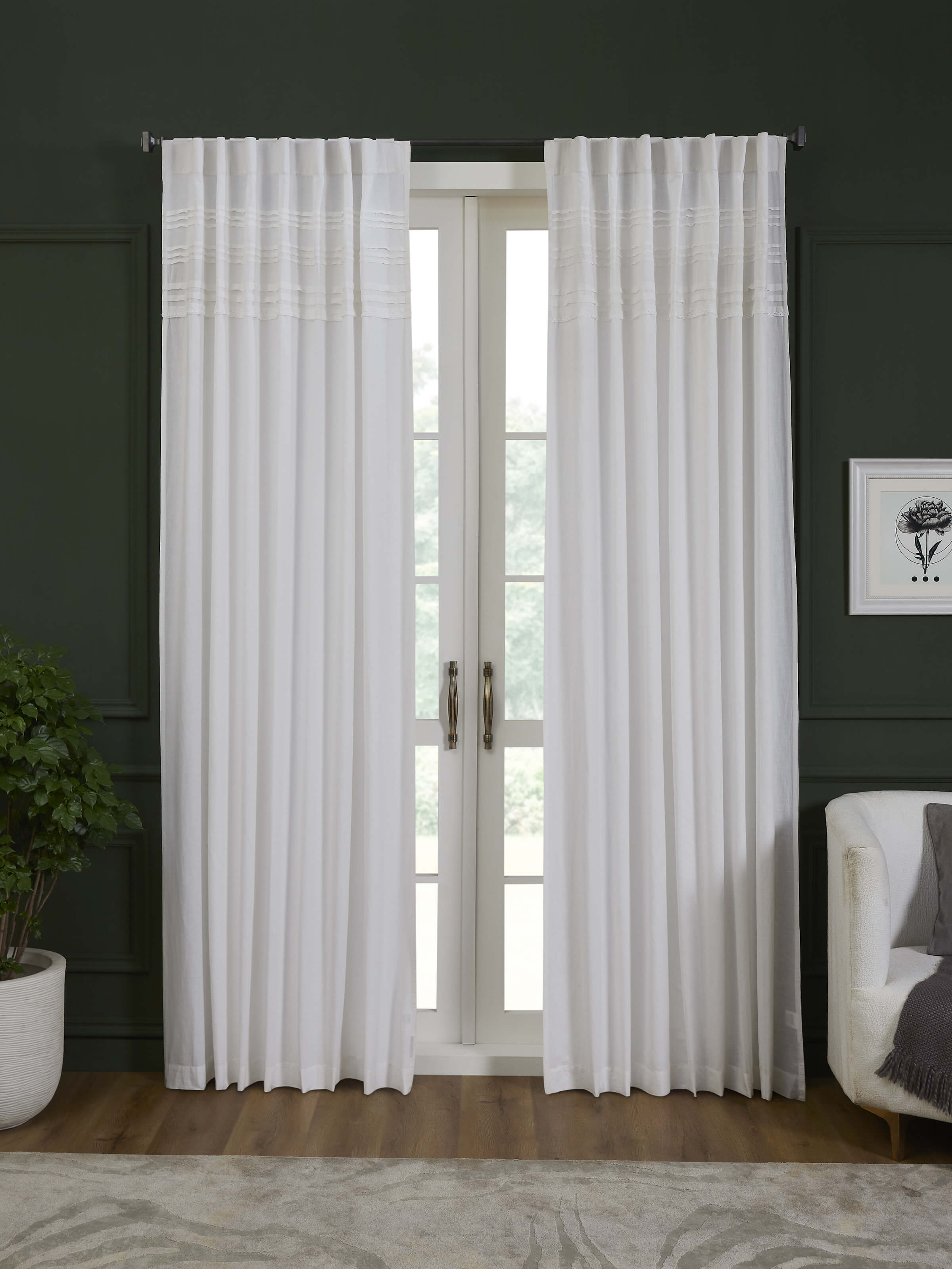 Nityam White Pleated Cotton Linen Crochet Curtain (9 Ft)