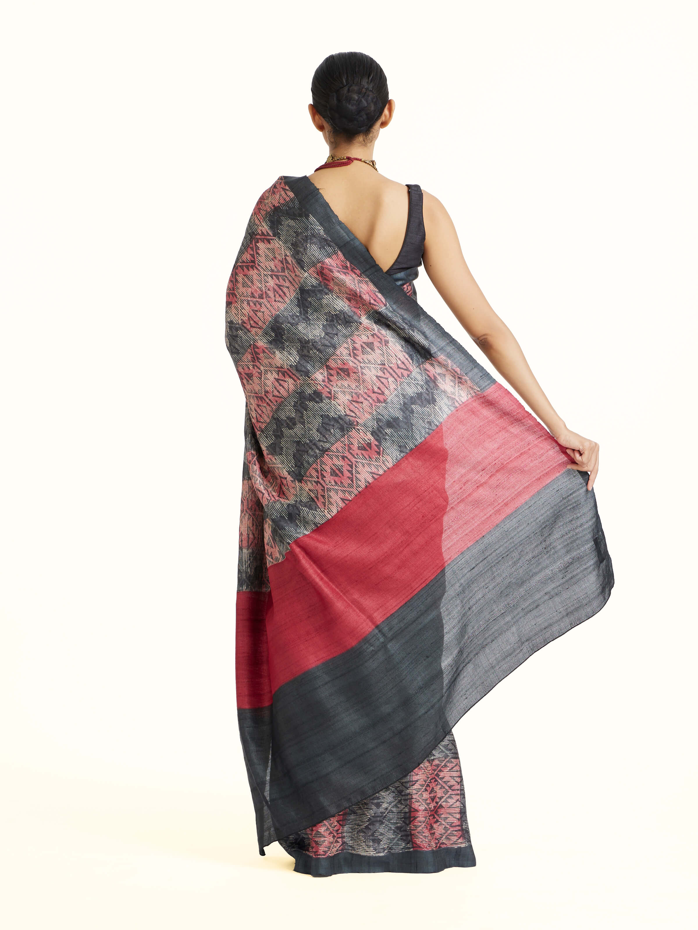Black Tussar Silk Discharge Block Printed Saree