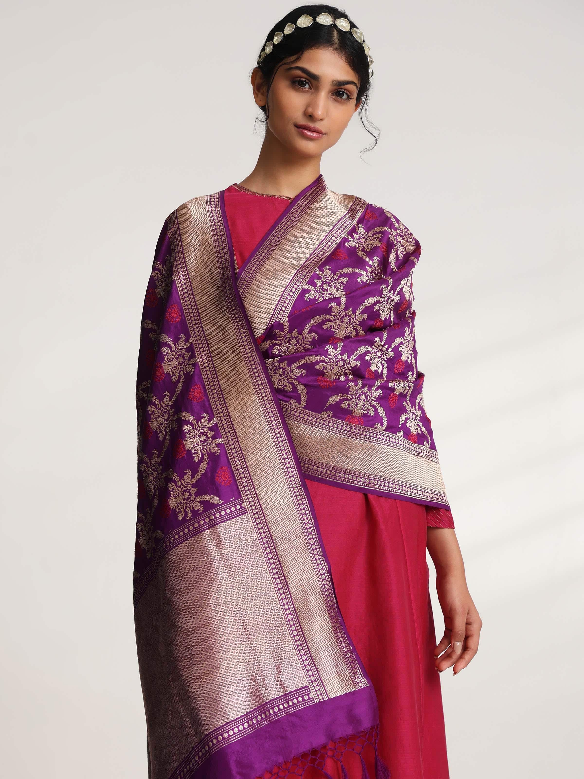 Purple Banarasi Silk Kadwa Jaal Handwoven Dupatta