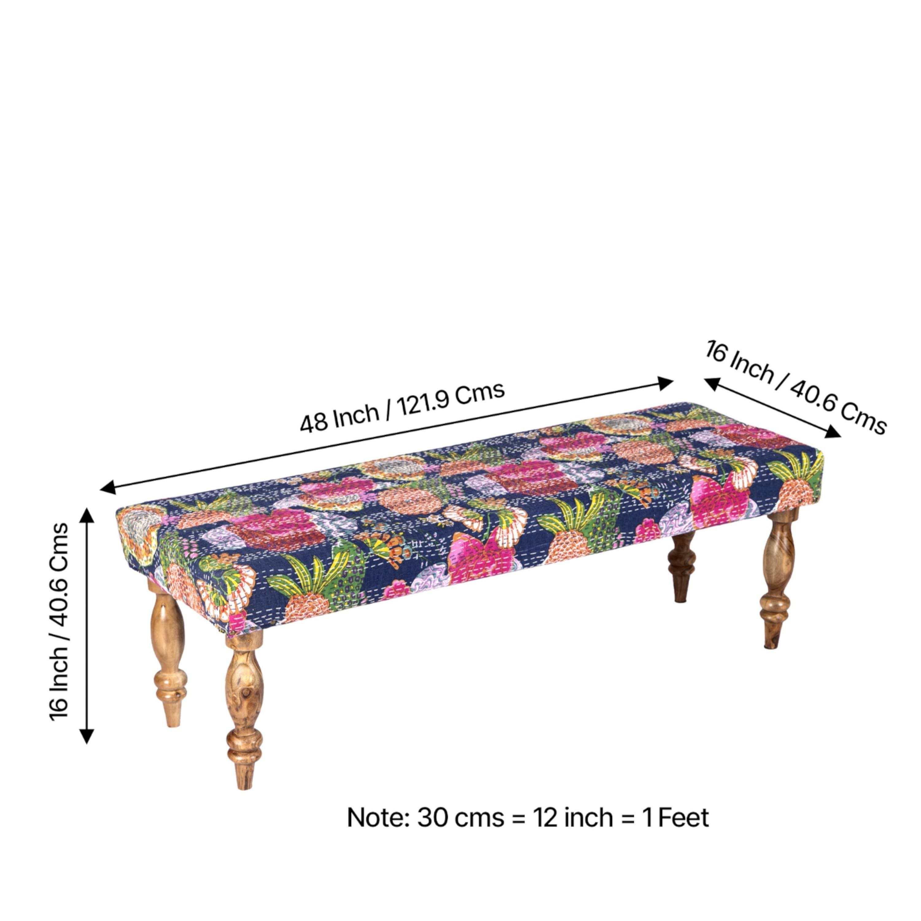 Cairo Sheesham Wood Mid Century Seater Bench Set  2 Stools In Fruit Print Blue Kantha