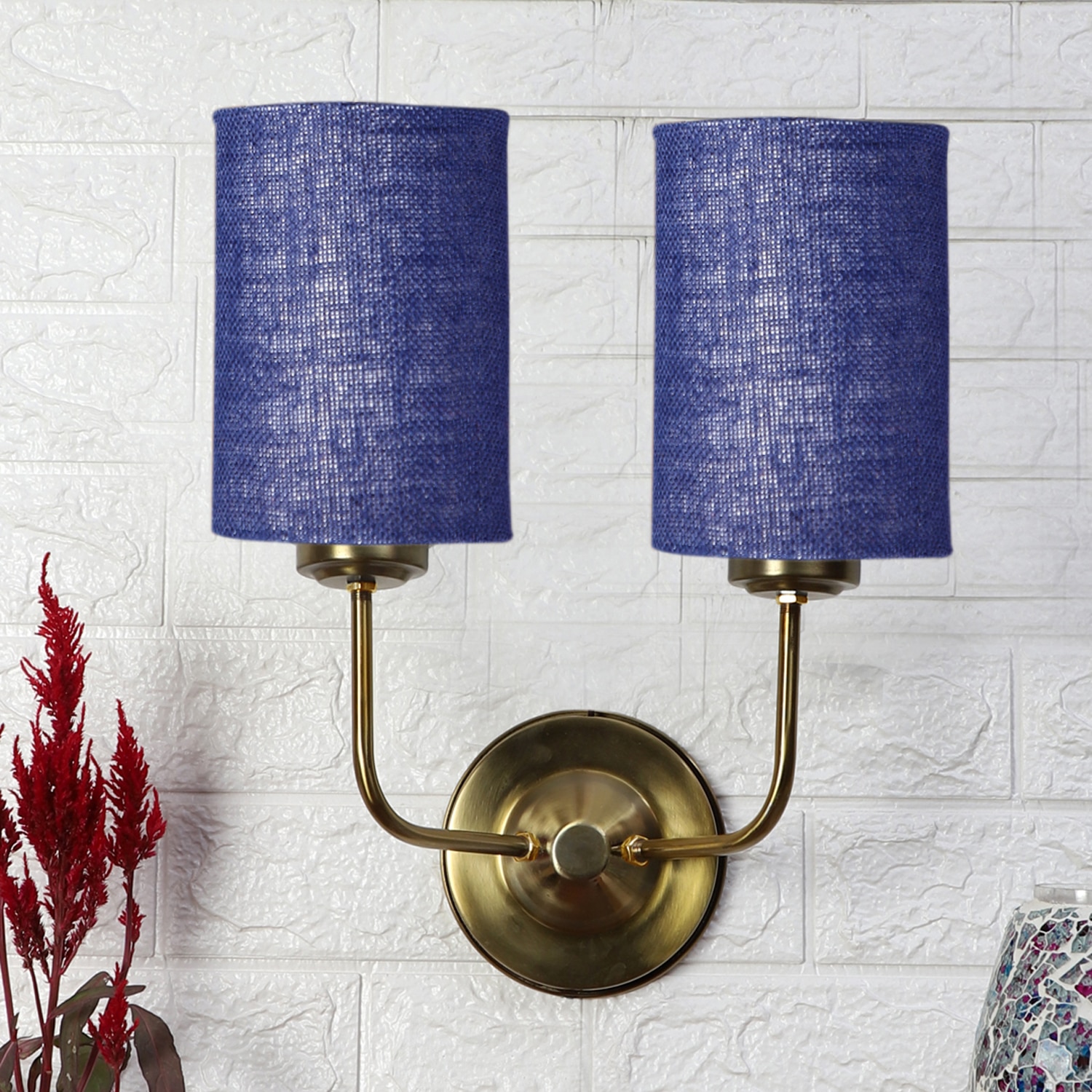 Devansh Metal Electric Wall Light in Gold Colour with Blue Shade Count of 2 Lights - Devansh