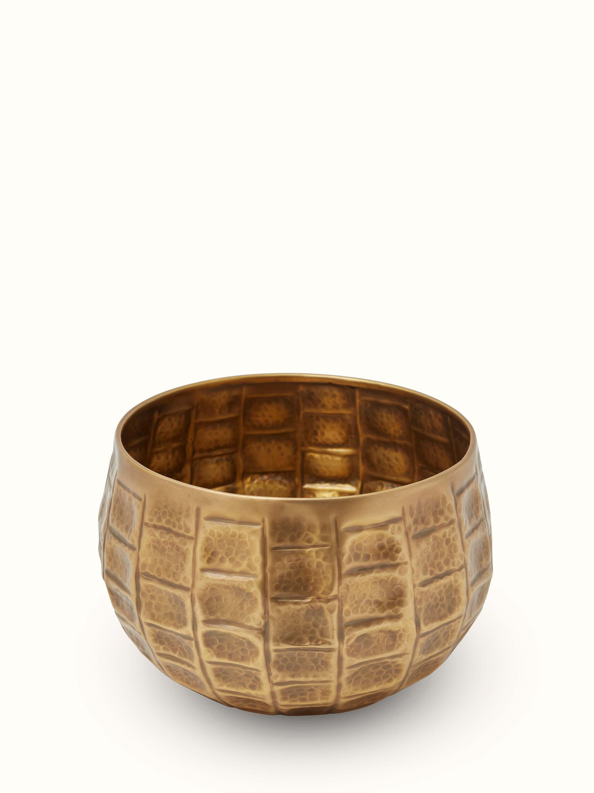 Back view of Antique Brass Planter highlighting the planter's detailed craftsmanship.