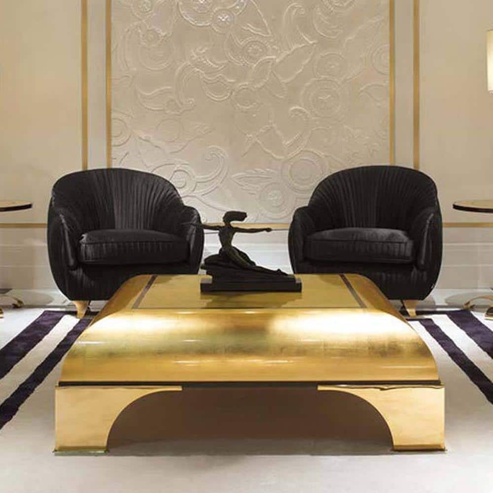 Megacosm High End Coffee Table In Golden Leafing Curvy Legs In Electroplated Brass Finish