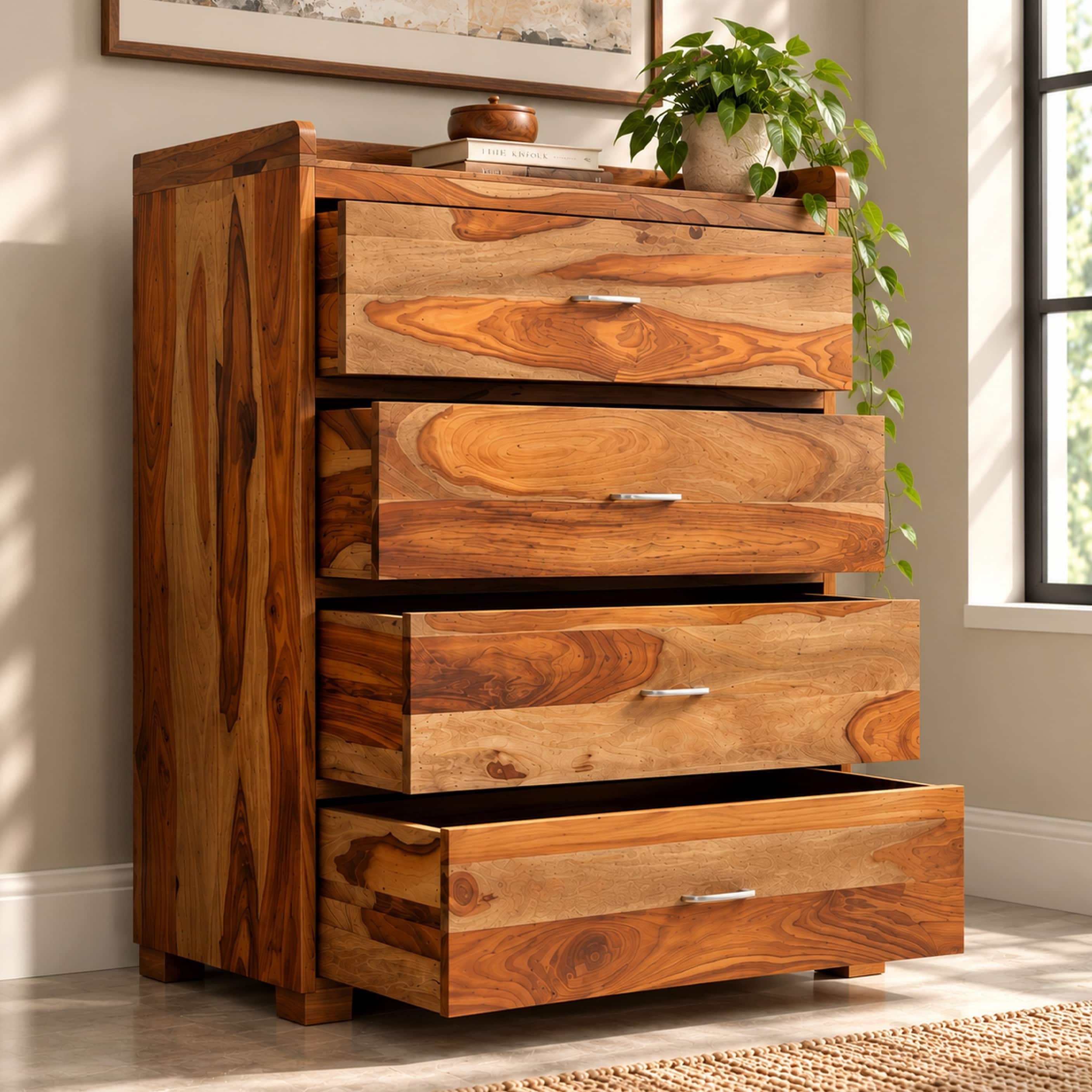 Elder Sheesham Wood Contemporary Chest of Drawers in Teak Finish