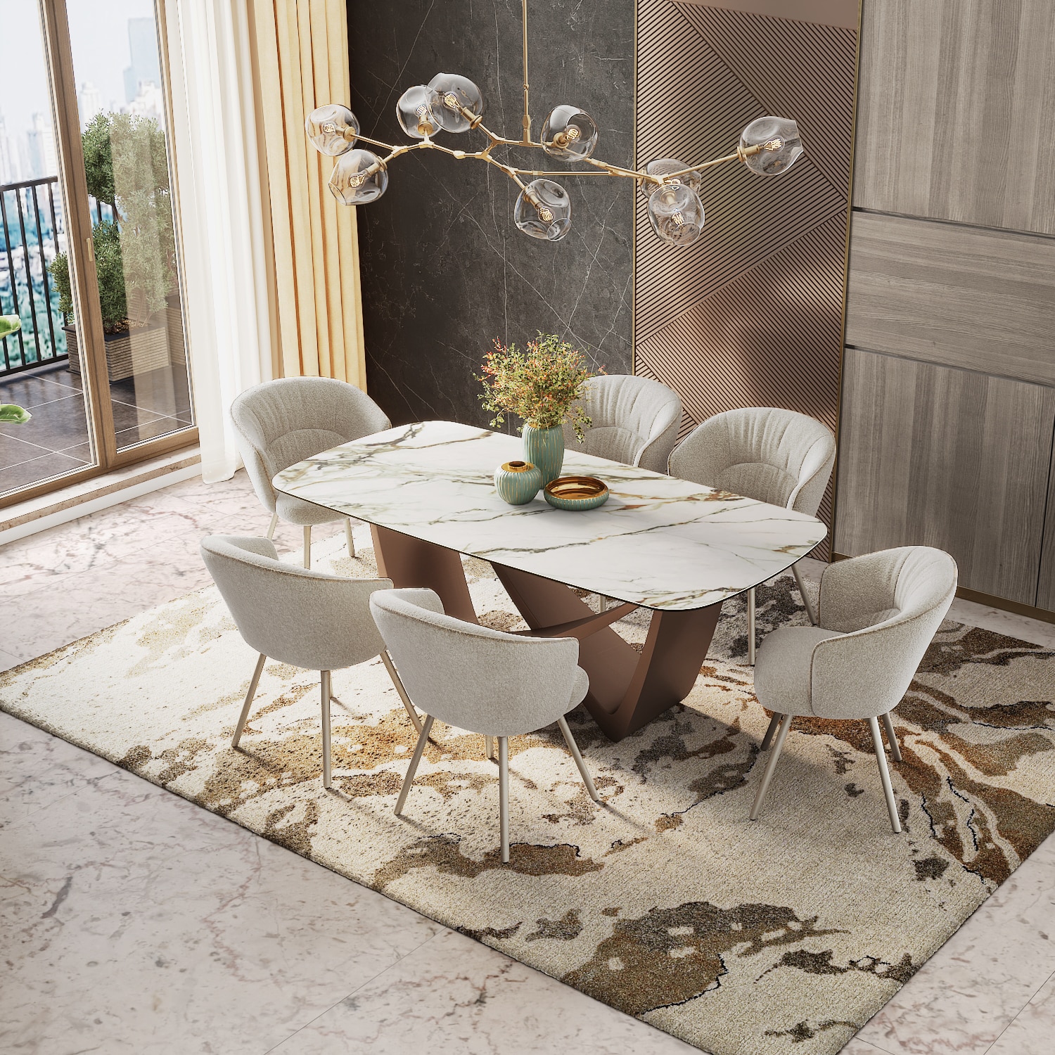 Paloma 6 Seater Pluto Spanish Ceramic Dining Table With 6  Calix Dining Chairs (Finish : Pluto Spanish Ceramic, Chair Colour : Beige)