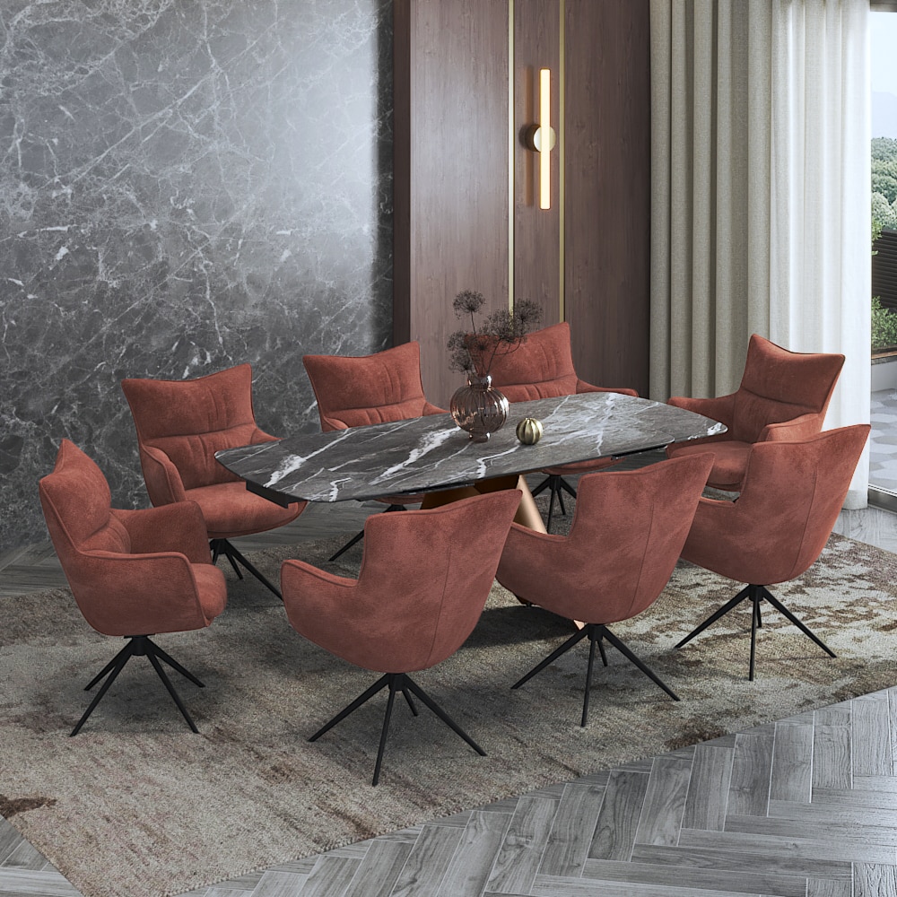 Aeris Ceramic 6 to 8 Seater Extendable Dining Table in Black Jade With Beck Dining Chair in Wine Fabric
