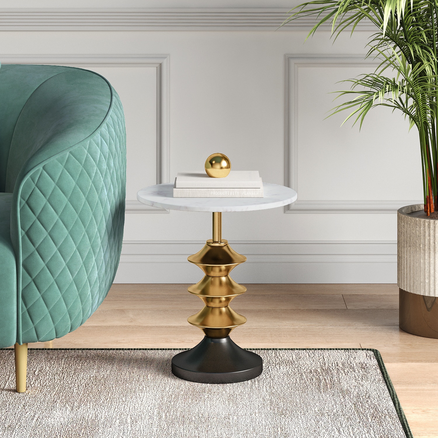 Mira Banswara Marble And Metal Side Table In Glossy Gold Finish