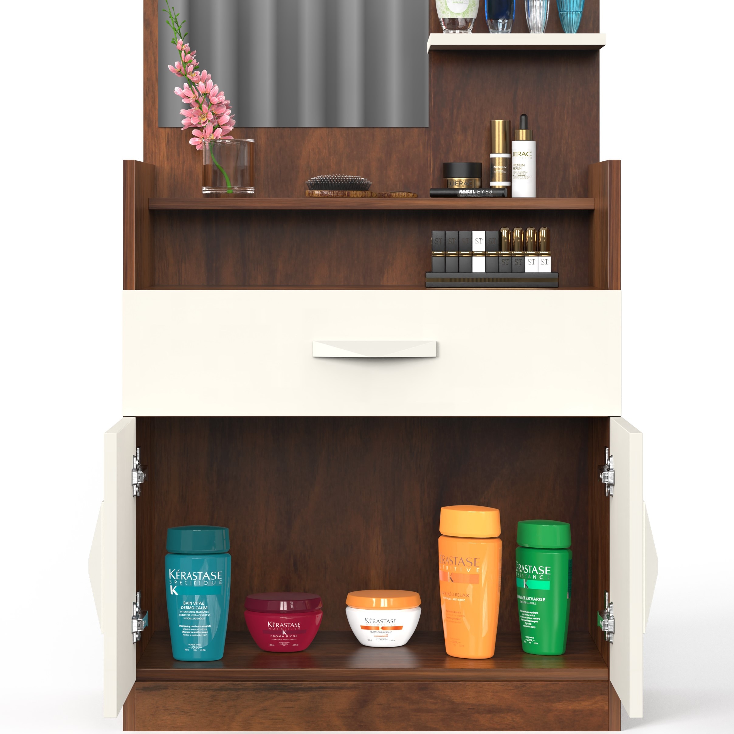 BLUEWUD Darci Engineered Wood Wall Mount/Floor Standing Dressing Table Organizer Makeup Vanity with Mirror Storage Shelves, Bangle Holder & Hooks for Bedroom Home Furniture (Brown Maple & White)