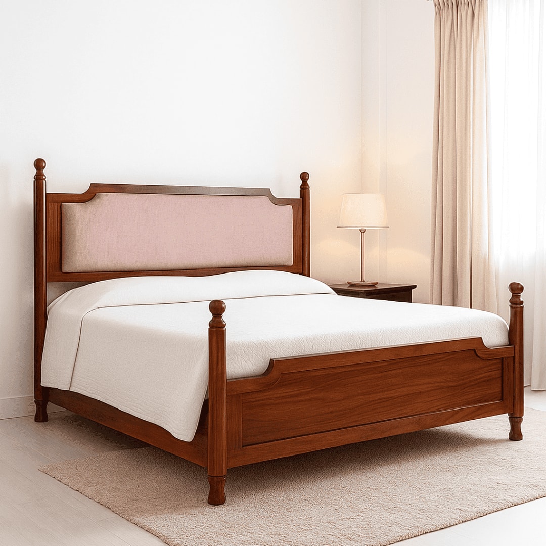 Camille Solid Wood Box Storage Queen Bed in Provincial Teak Finish with Pink Colour