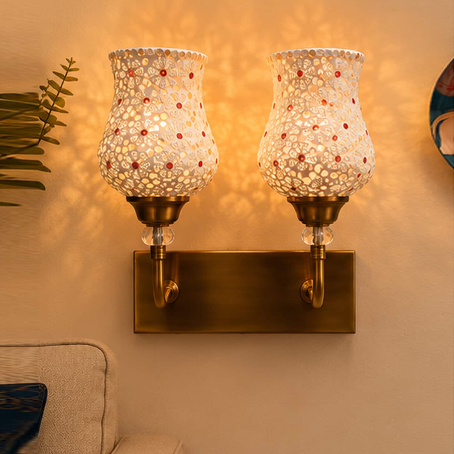 Devansh Metal Electric Wall Light in Antique Gold Colour with Red Shade Count of 1 Light