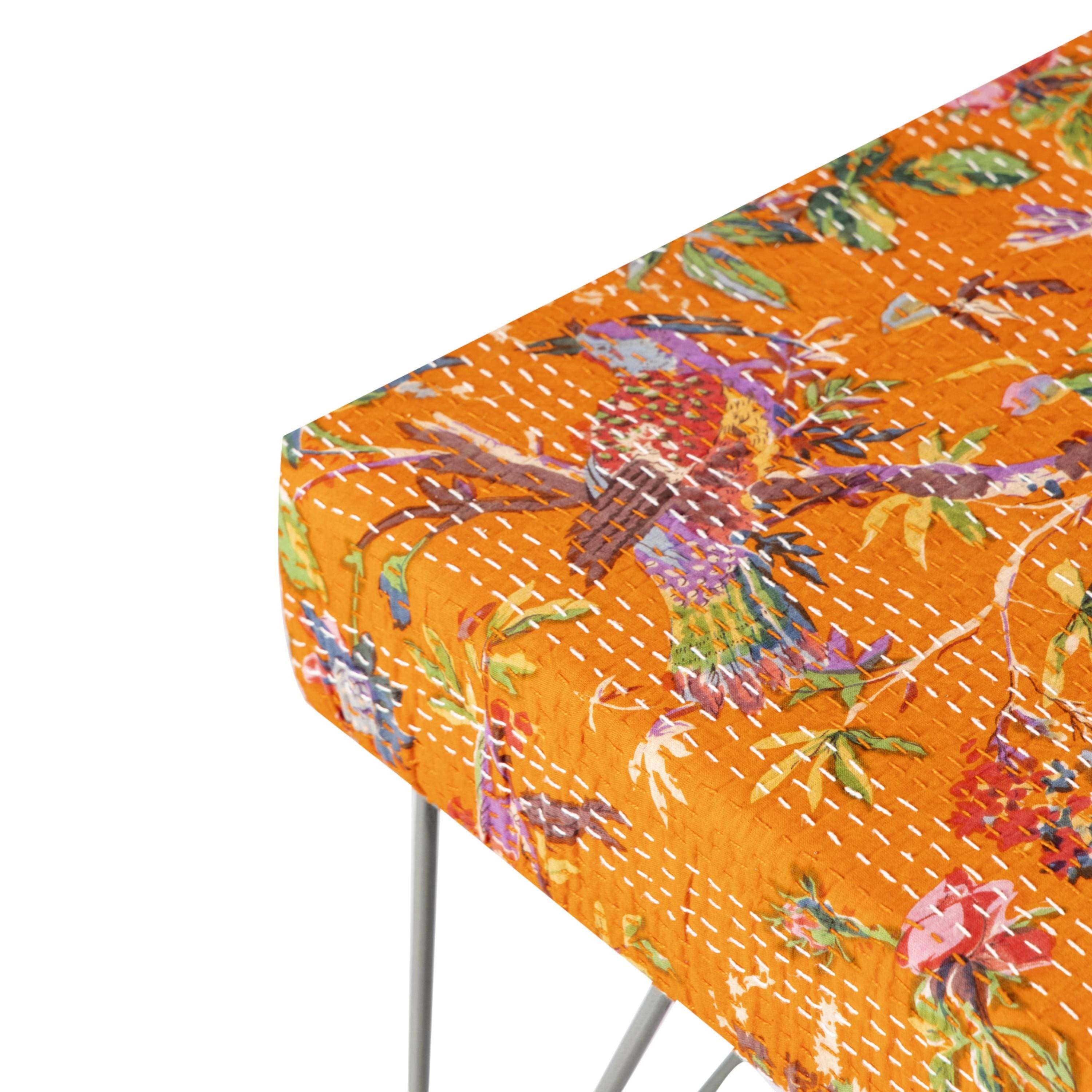 Asansol Sheesham Wood Mid Century Square Stool     in Bird Print Orange Kantha Upholstery