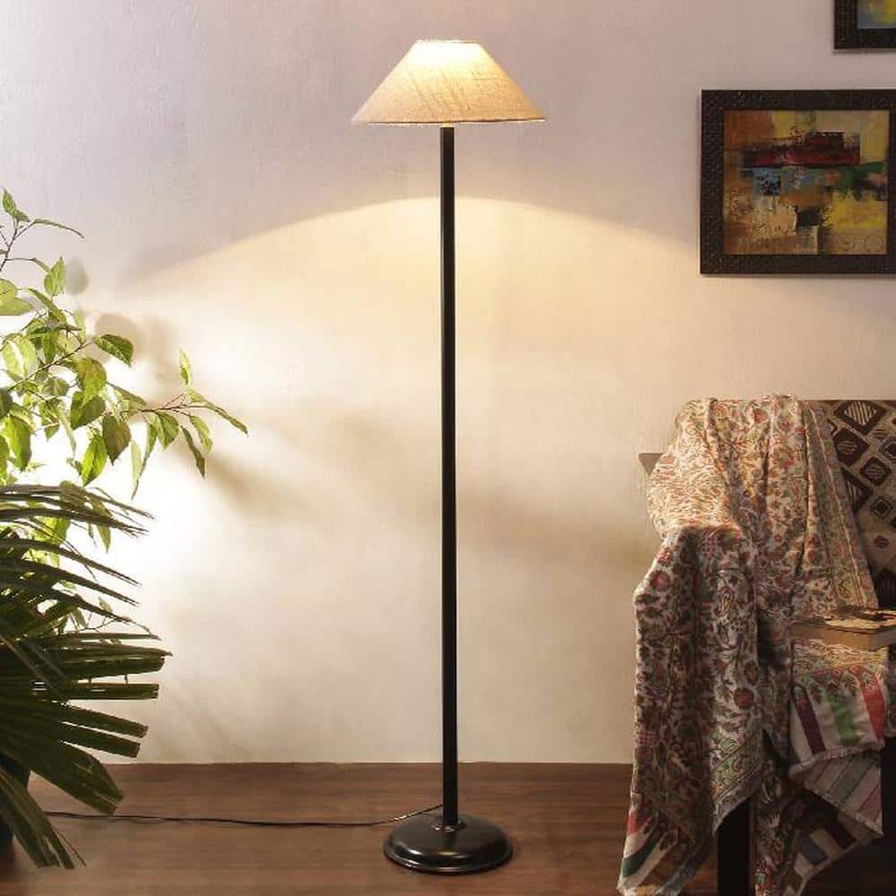 Mickey White Natural Fiber Floor Lamp with Black Iron Base