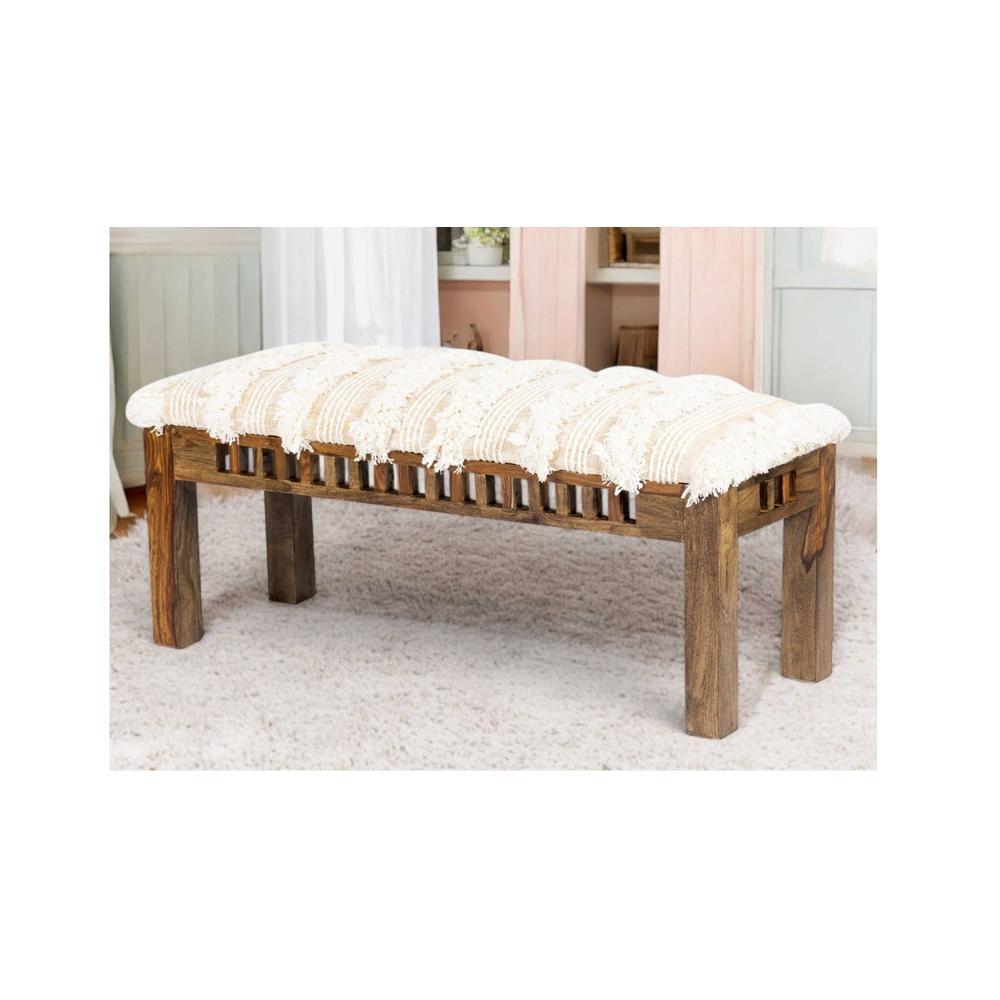 Milford Sheesham Wood Mid Century 3 Seater Bench In Beige Fabric