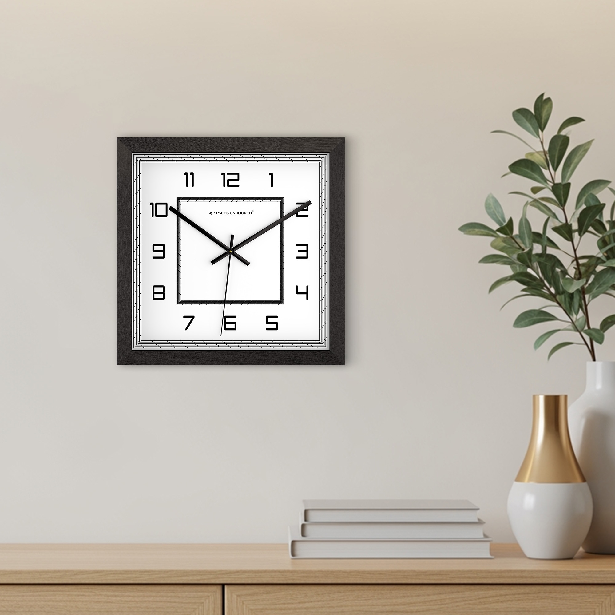 Geometric Square Wooden Wall Clock with Layered Border Design